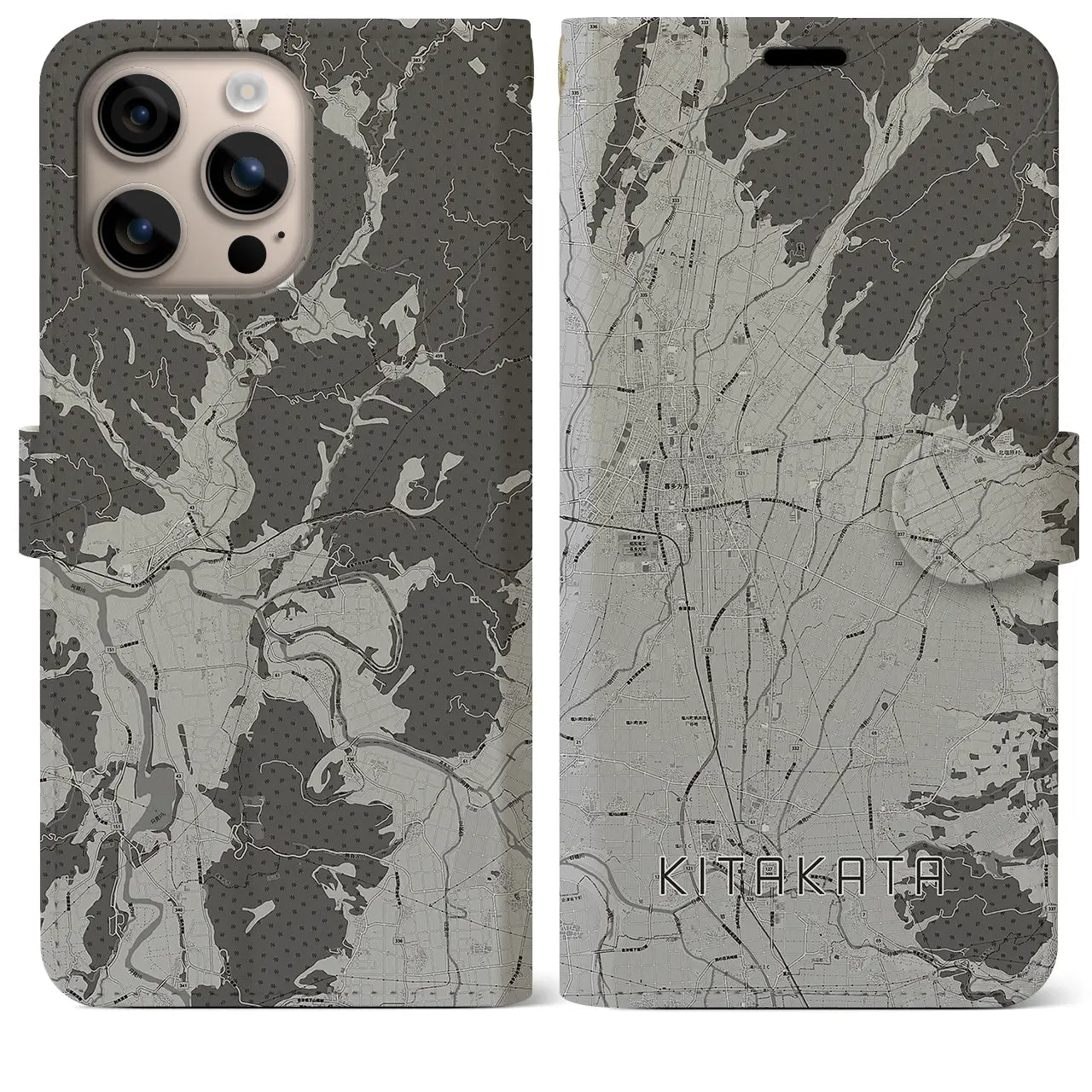 【喜多方(福島県)】地図柄iPhoneケース(手帳タイプ)モノトーン・iPhone 16 Plus 用