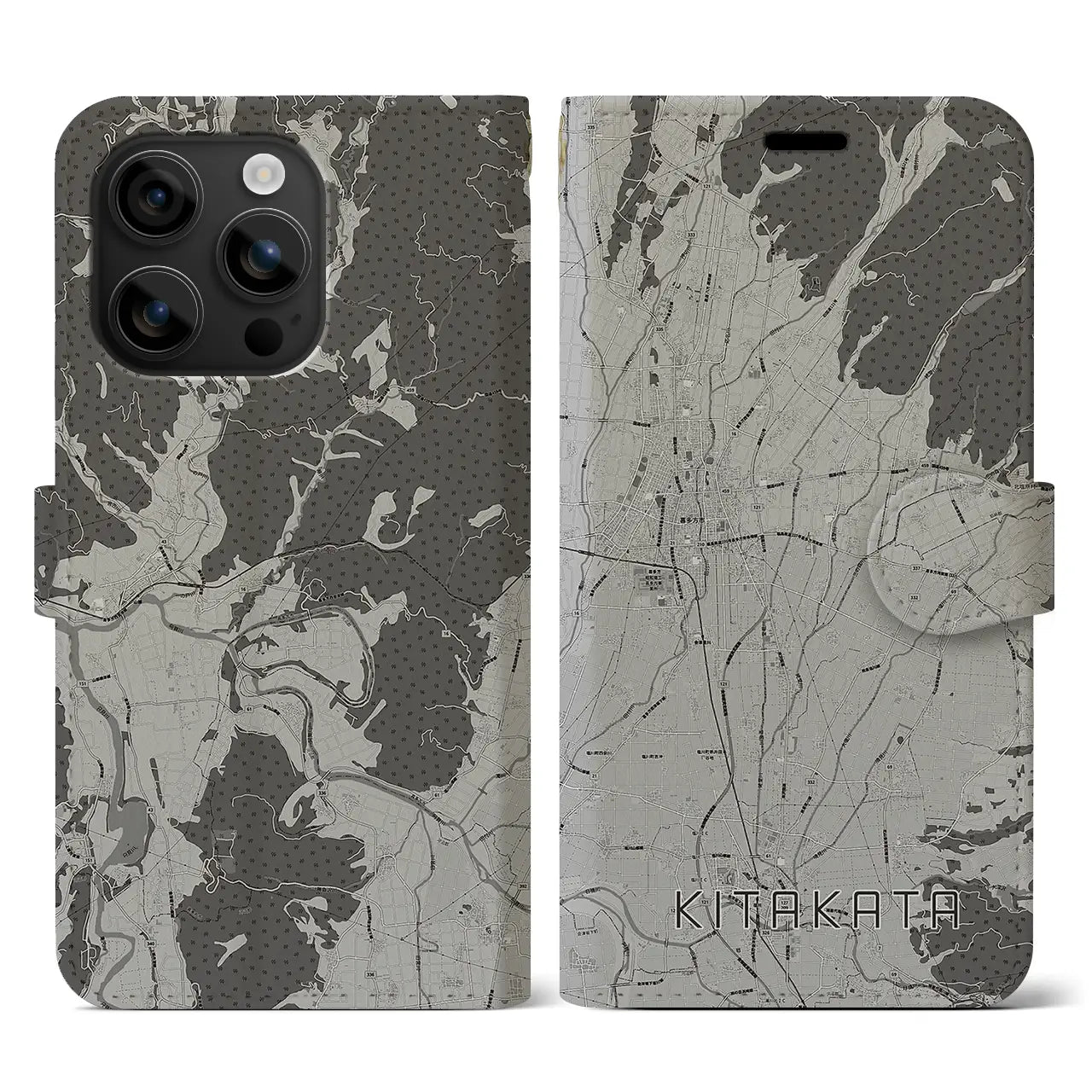 【喜多方(福島県)】地図柄iPhoneケース(手帳タイプ)モノトーン・iPhone 16 用