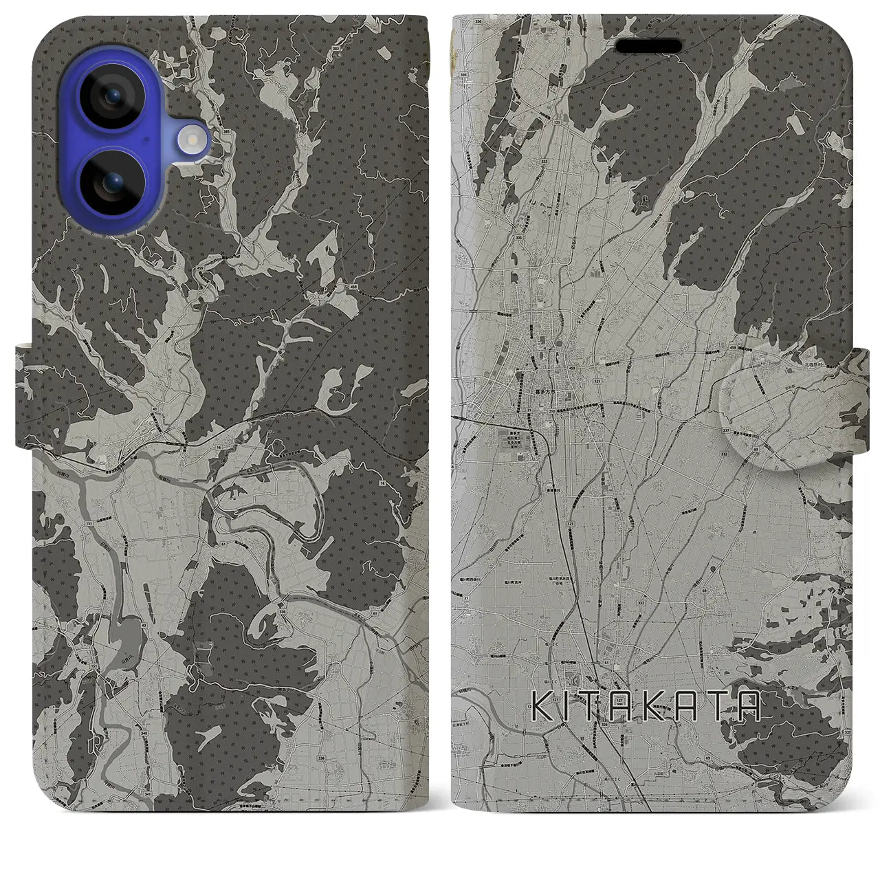 【喜多方(福島県)】地図柄iPhoneケース(手帳タイプ)モノトーン・iPhone 16 Pro Max 用
