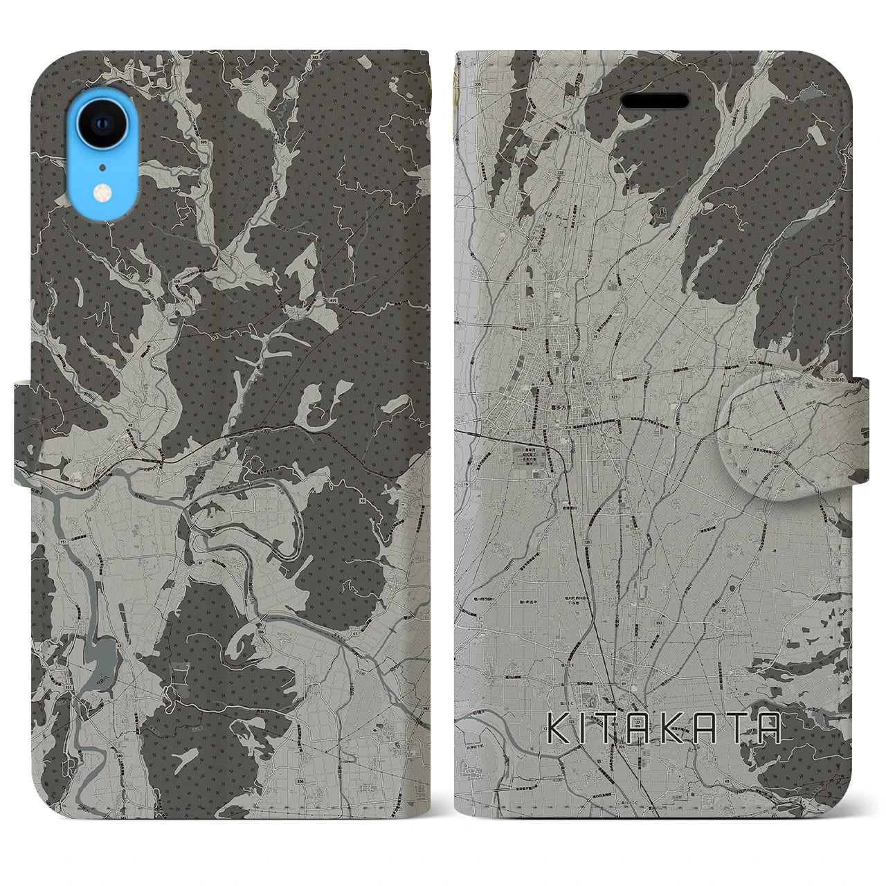 【喜多方(福島県)】地図柄iPhoneケース(手帳タイプ)モノトーン・iPhone XR 用