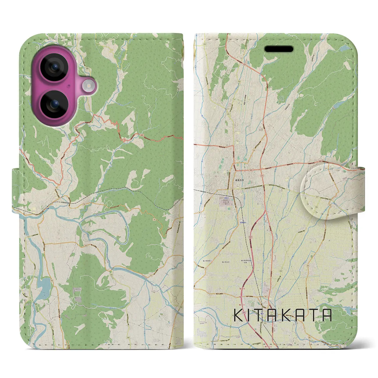 【喜多方(福島県)】地図柄iPhoneケース(手帳タイプ)ナチュラル・iPhone 16 Pro 用