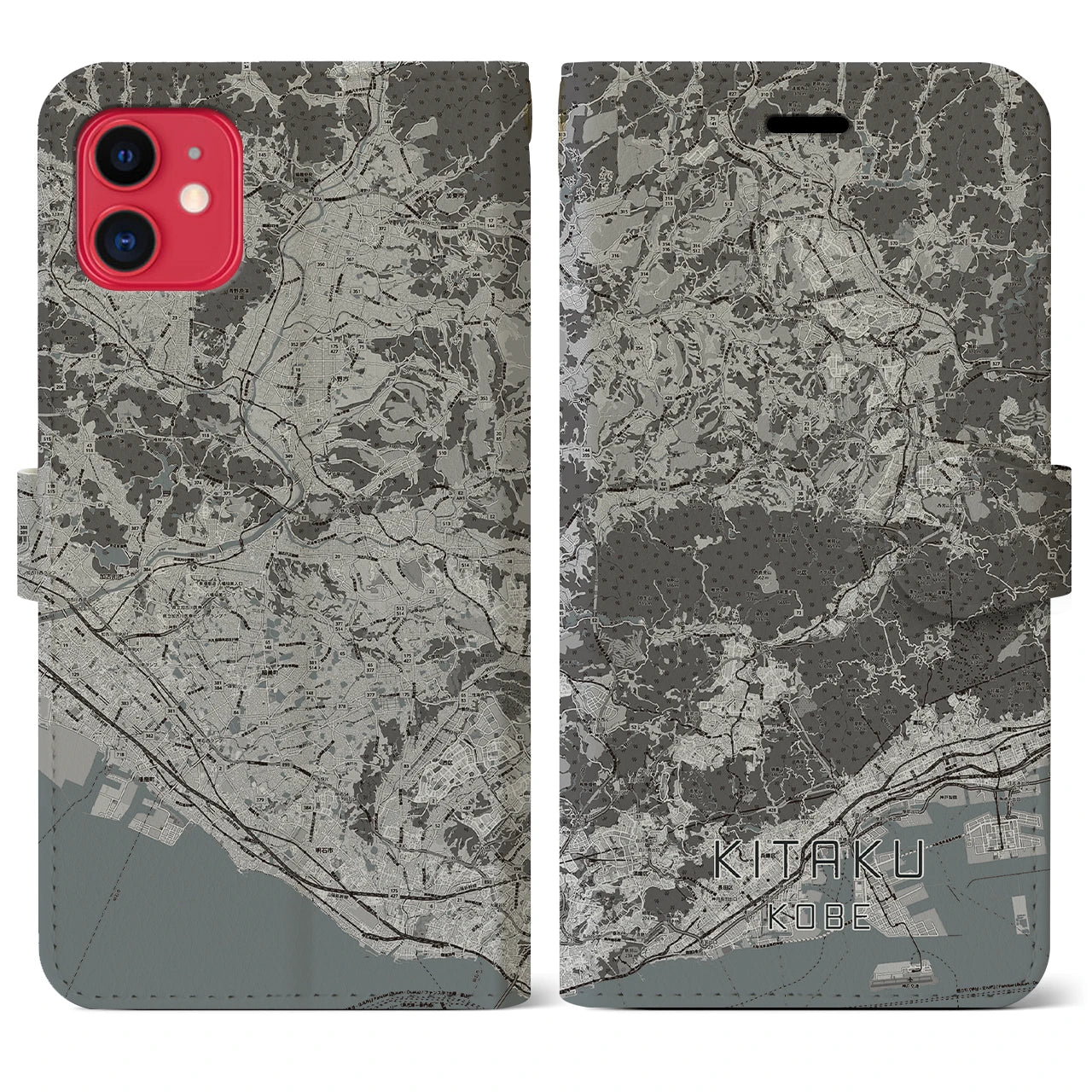 【北区(神戸市)】地図柄iPhoneケース(手帳タイプ)モノトーン・iPhone 11 用