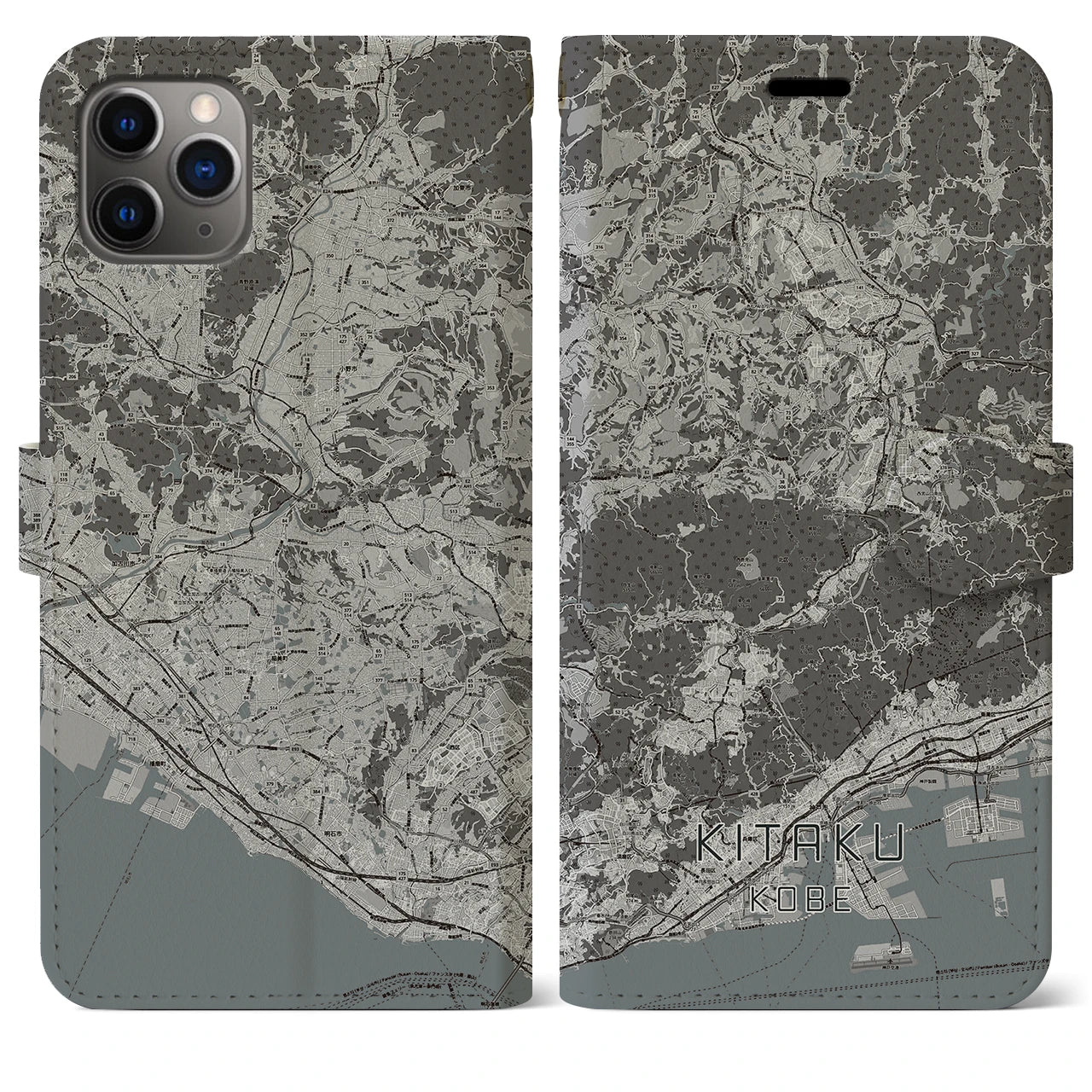 【北区(神戸市)】地図柄iPhoneケース(手帳タイプ)モノトーン・iPhone 11 Pro Max 用