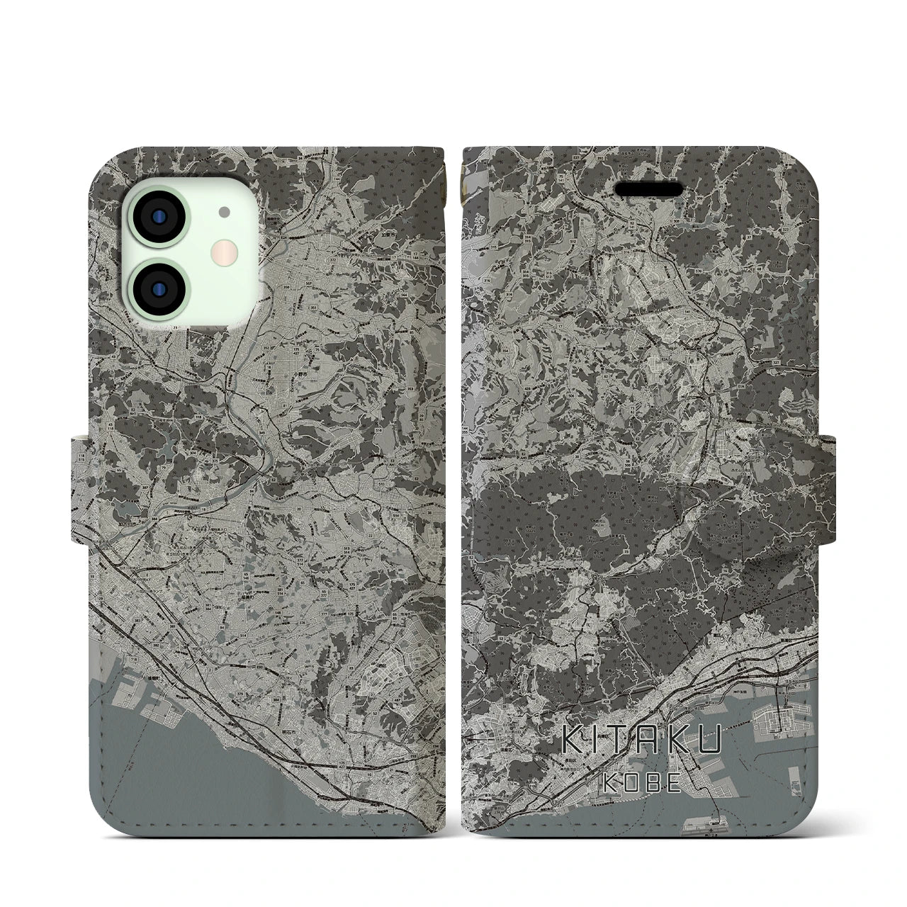 【北区(神戸市)】地図柄iPhoneケース(手帳タイプ)モノトーン・iPhone 12 mini 用