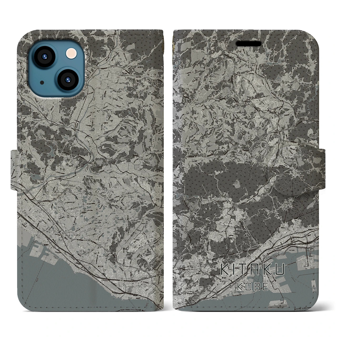 【北区(神戸市)】地図柄iPhoneケース(手帳タイプ)モノトーン・iPhone 13 用