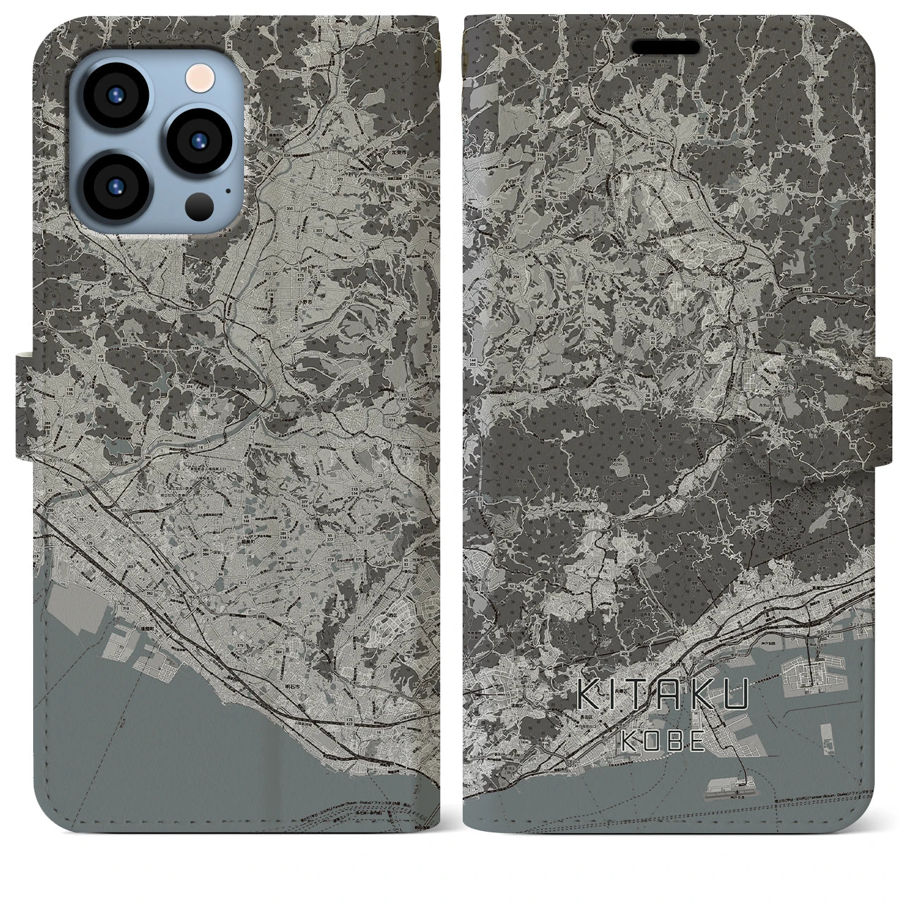 【北区(神戸市)】地図柄iPhoneケース(手帳タイプ)モノトーン・iPhone 13 Pro Max 用