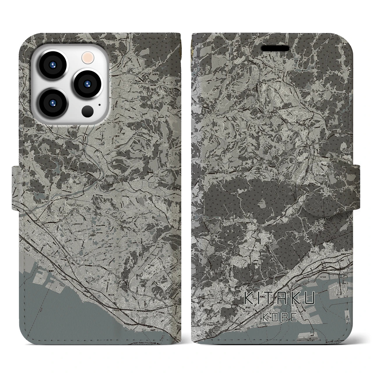 【北区(神戸市)】地図柄iPhoneケース(手帳タイプ)モノトーン・iPhone 13 Pro 用