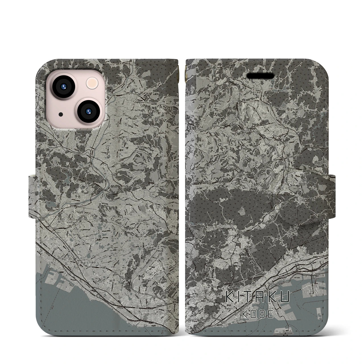 【北区(神戸市)】地図柄iPhoneケース(手帳タイプ)モノトーン・iPhone 13 mini 用