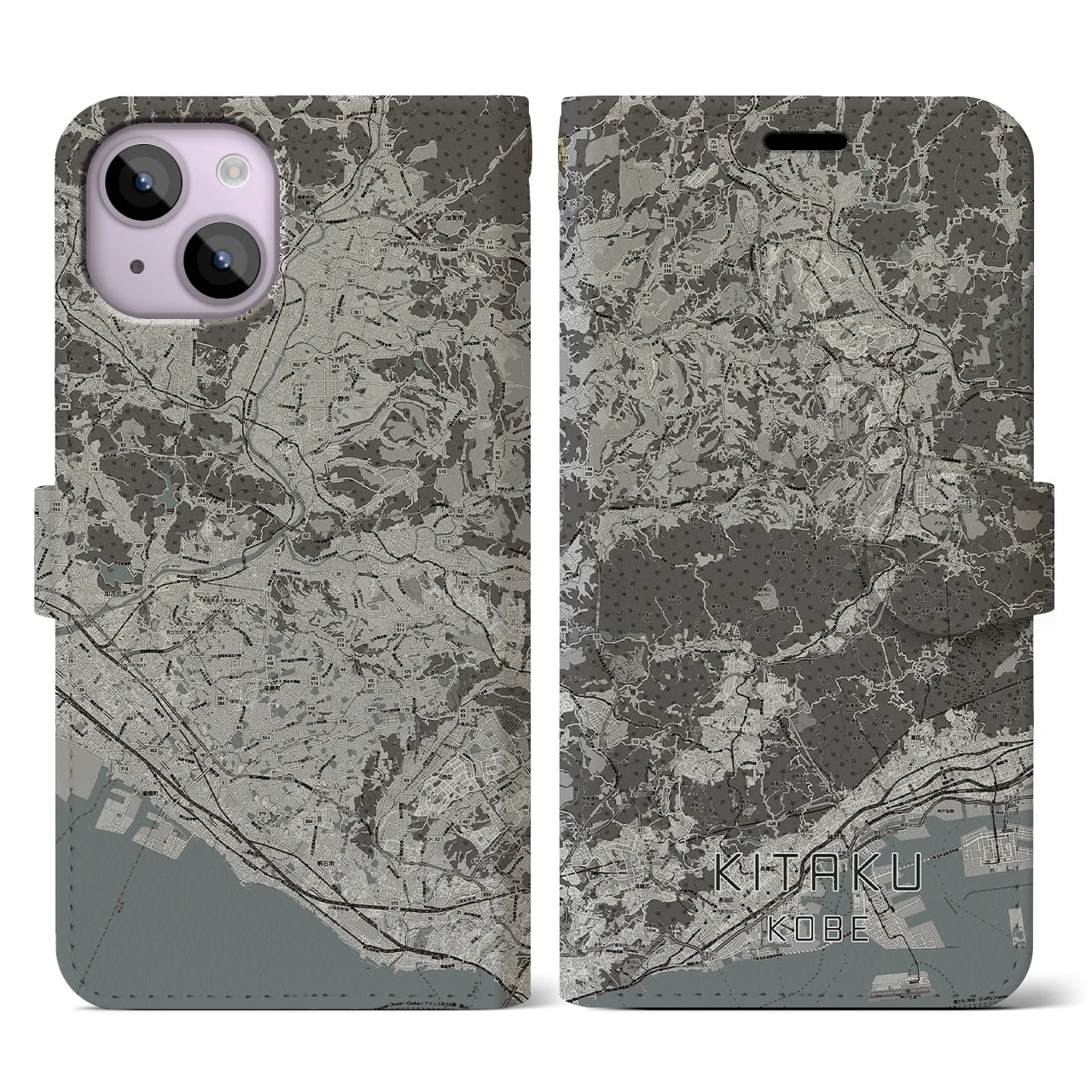 【北区(神戸市)】地図柄iPhoneケース(手帳タイプ)モノトーン・iPhone 14 用