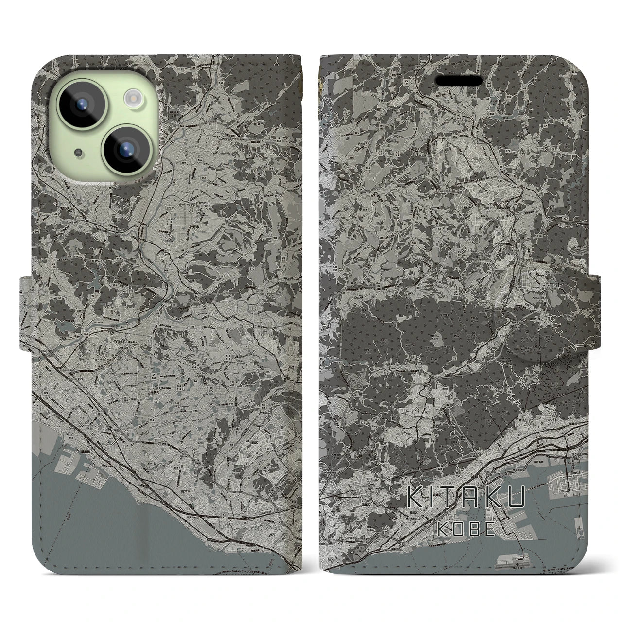 【北区(神戸市)】地図柄iPhoneケース(手帳タイプ)モノトーン・iPhone 15 用