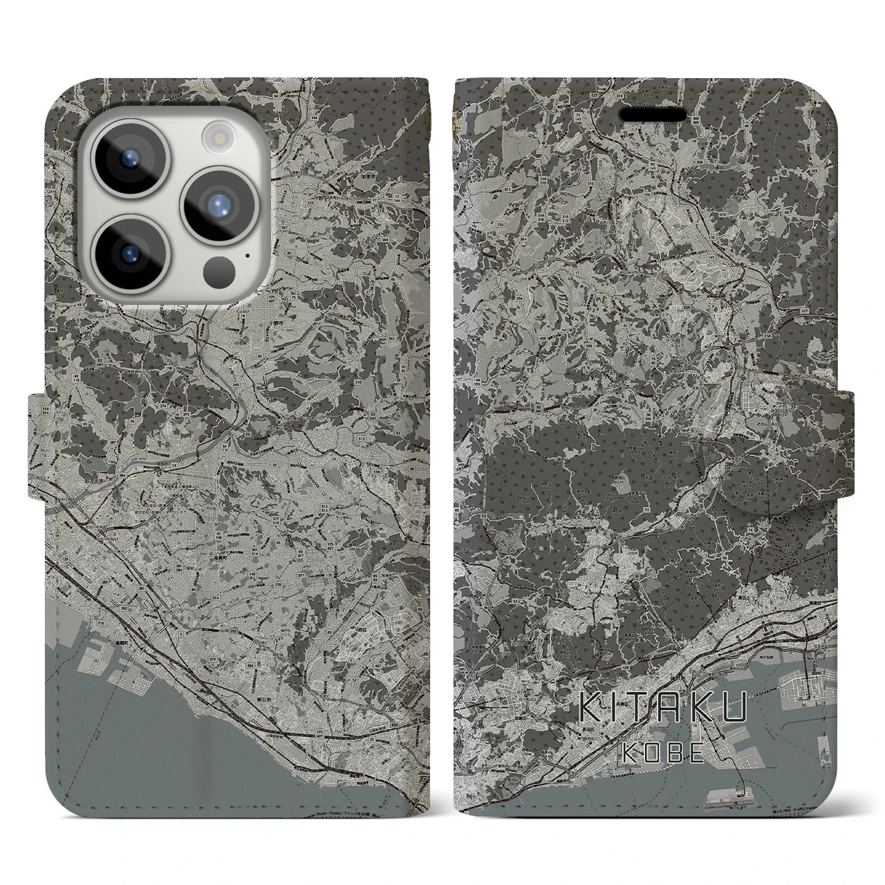 【北区(神戸市)】地図柄iPhoneケース(手帳タイプ)モノトーン・iPhone 15 Pro 用