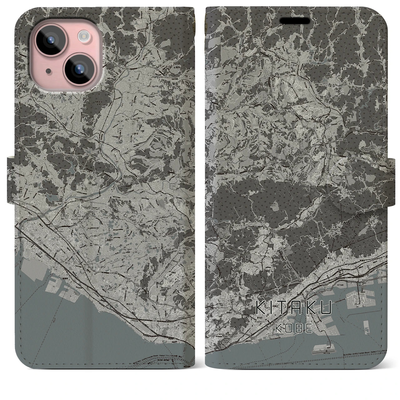 【北区(神戸市)】地図柄iPhoneケース(手帳タイプ)モノトーン・iPhone 15 Plus 用