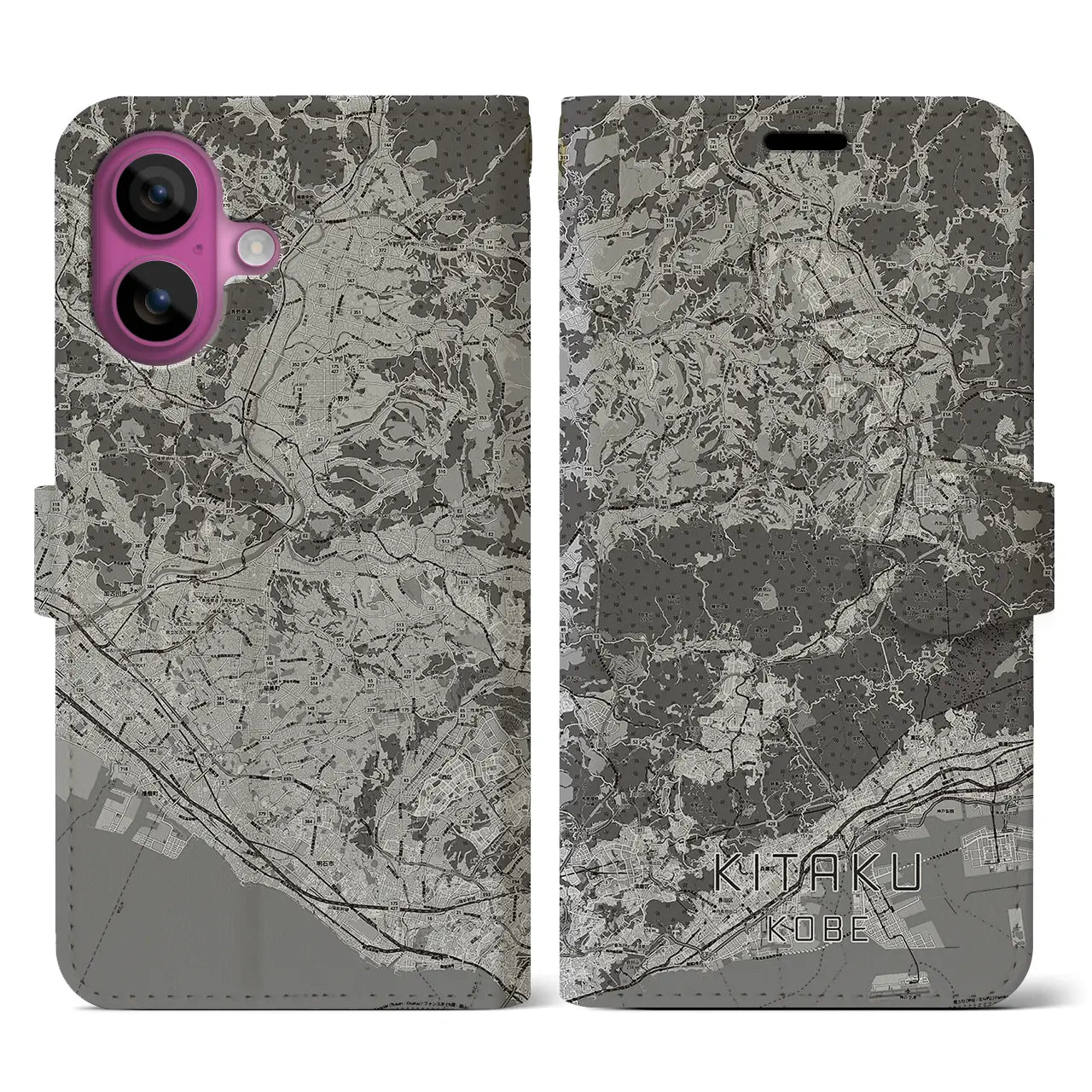 【北区(神戸市)】地図柄iPhoneケース(手帳タイプ)モノトーン・iPhone 16 Pro 用