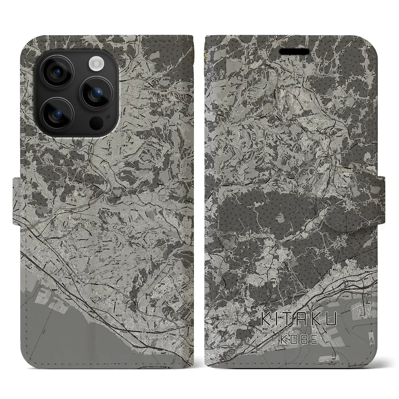 【北区(神戸市)】地図柄iPhoneケース(手帳タイプ)モノトーン・iPhone 16 用