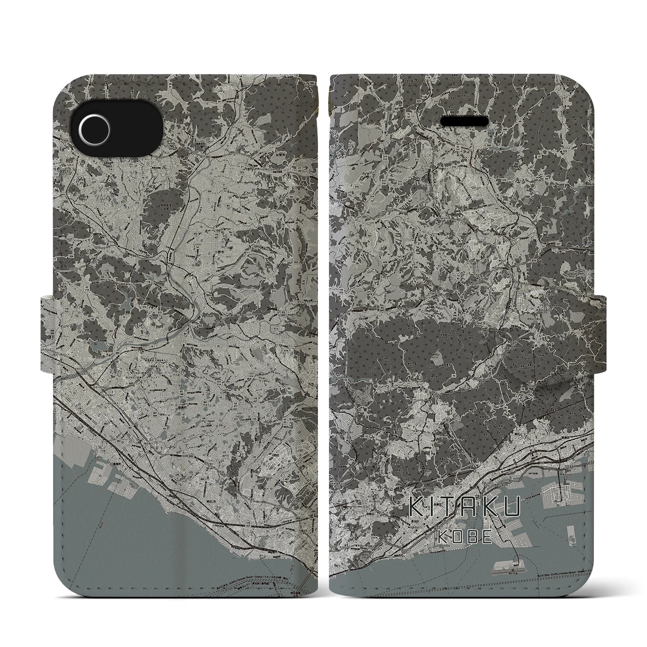 【北区(神戸市)】地図柄iPhoneケース(手帳タイプ)モノトーン・iPhone SE(第3 / 第2世代) / 8 / 7 / 6s / 6 用