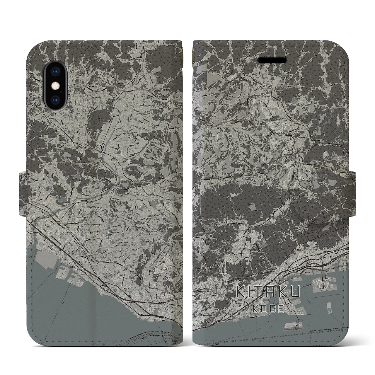 【北区(神戸市)】地図柄iPhoneケース(手帳タイプ)モノトーン・iPhone XS / X 用