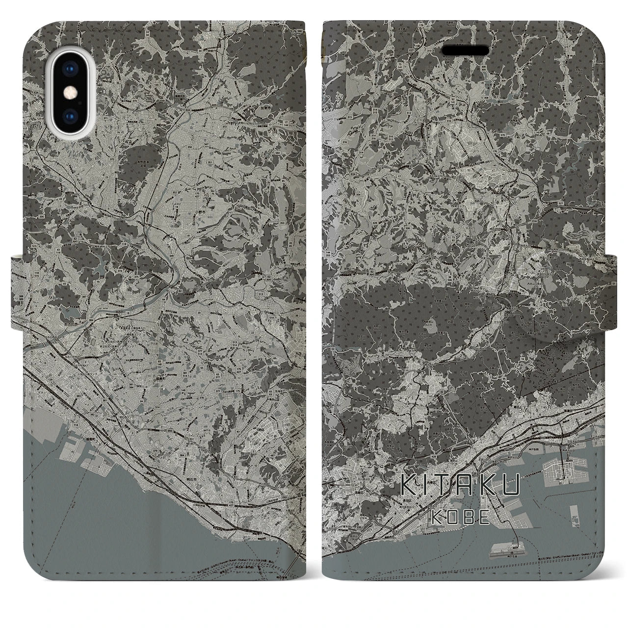 【北区(神戸市)】地図柄iPhoneケース(手帳タイプ)モノトーン・iPhone XS Max 用