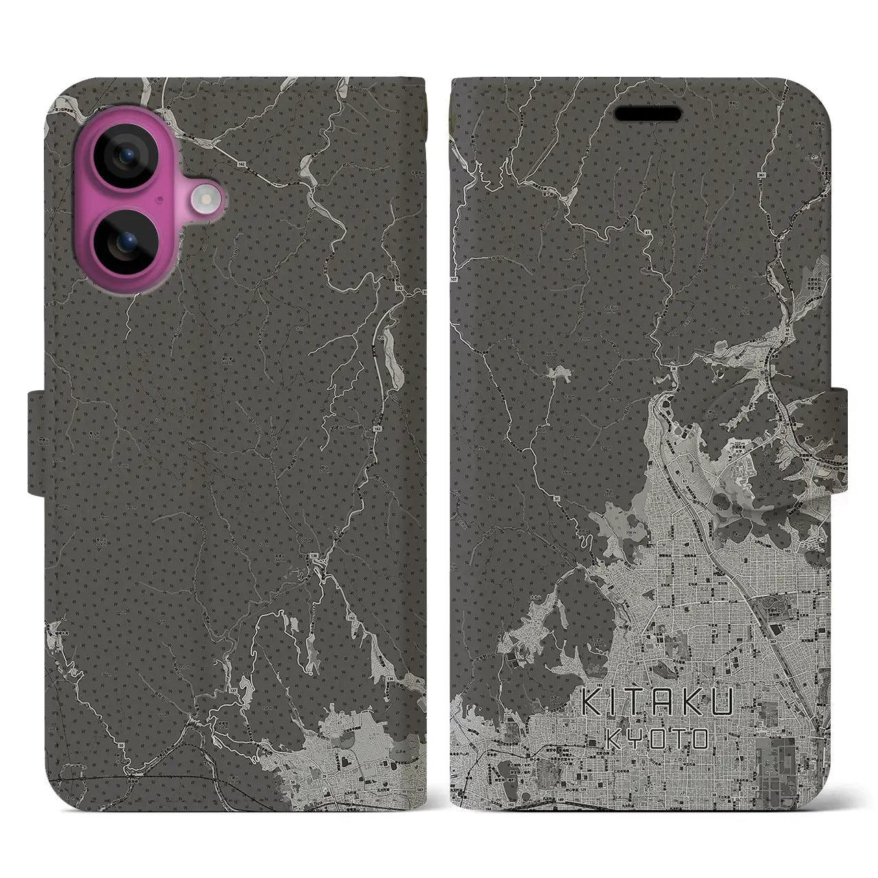 【北区(京都市)】地図柄iPhoneケース(手帳タイプ)モノトーン・iPhone 16 Pro 用