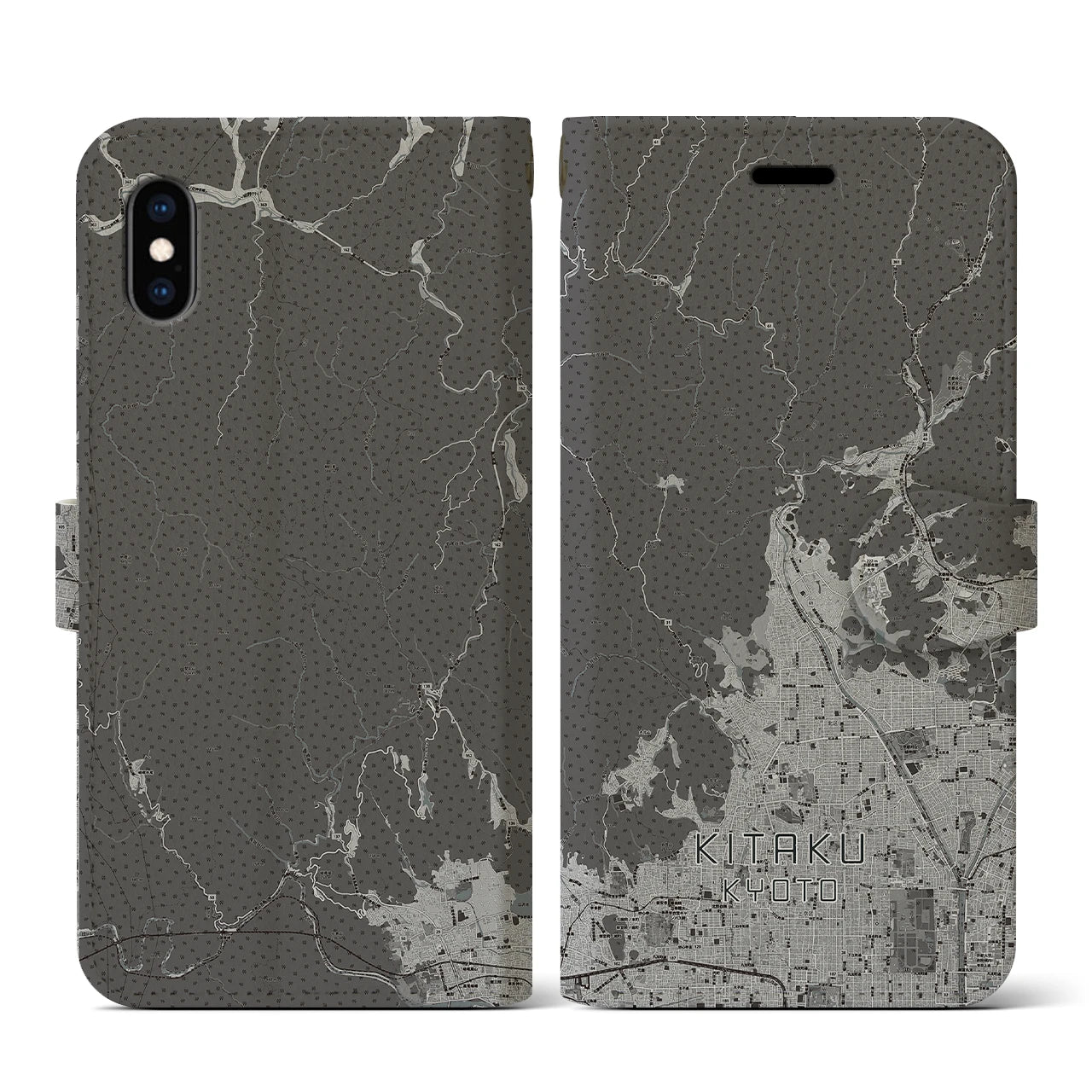 【北区(京都市)】地図柄iPhoneケース(手帳タイプ)モノトーン・iPhone XS / X 用