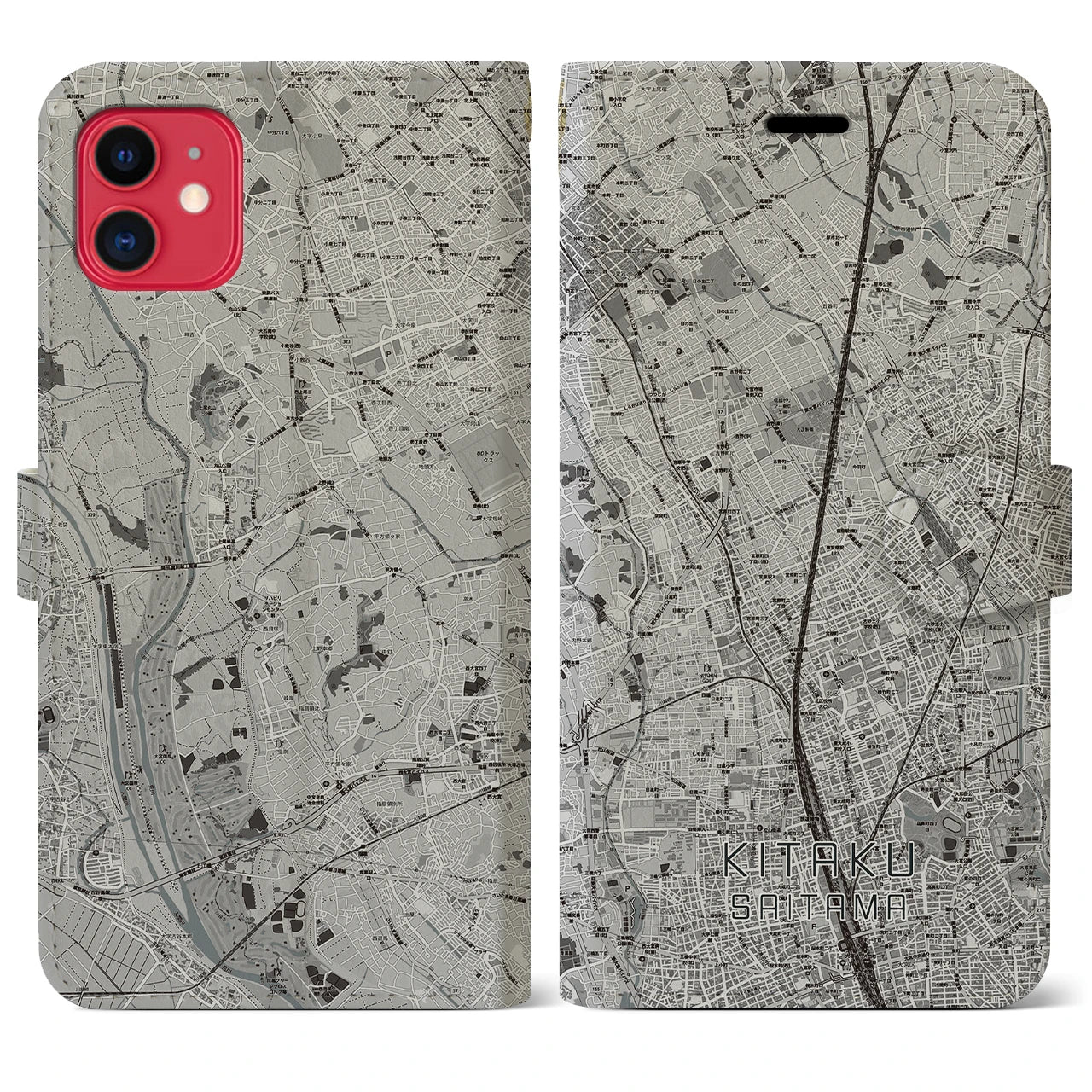 【北区(さいたま市)】地図柄iPhoneケース(手帳タイプ)モノトーン・iPhone 11 用