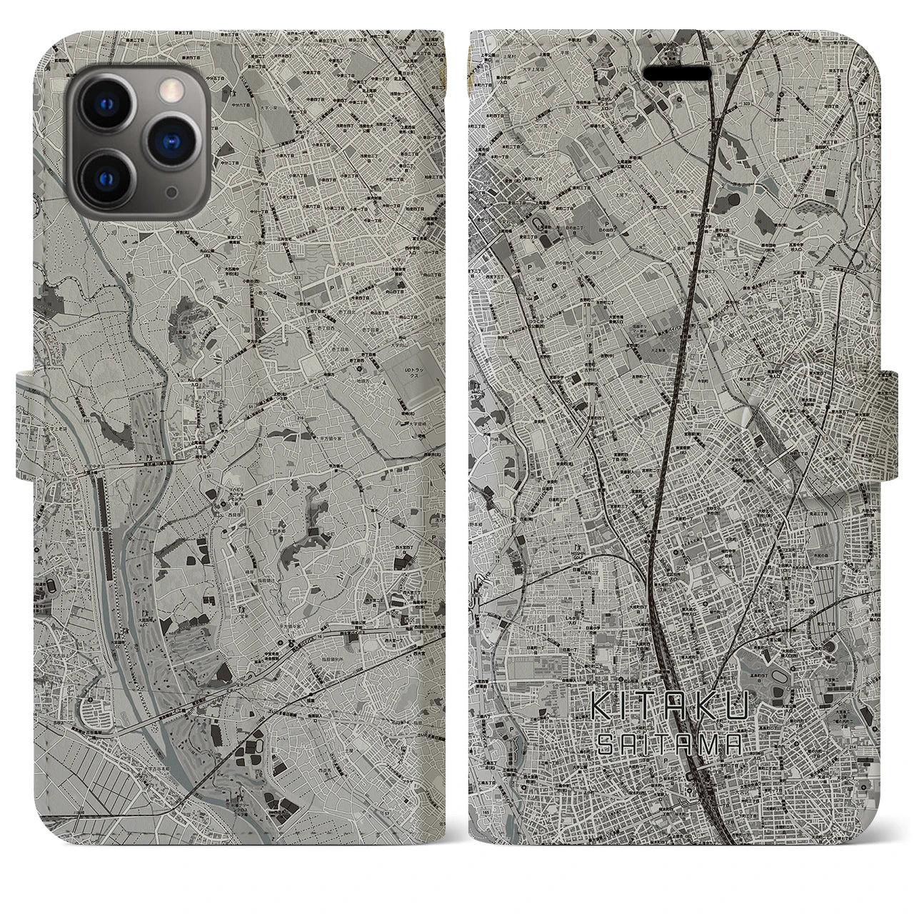 【北区(さいたま市)】地図柄iPhoneケース(手帳タイプ)モノトーン・iPhone 11 Pro Max 用