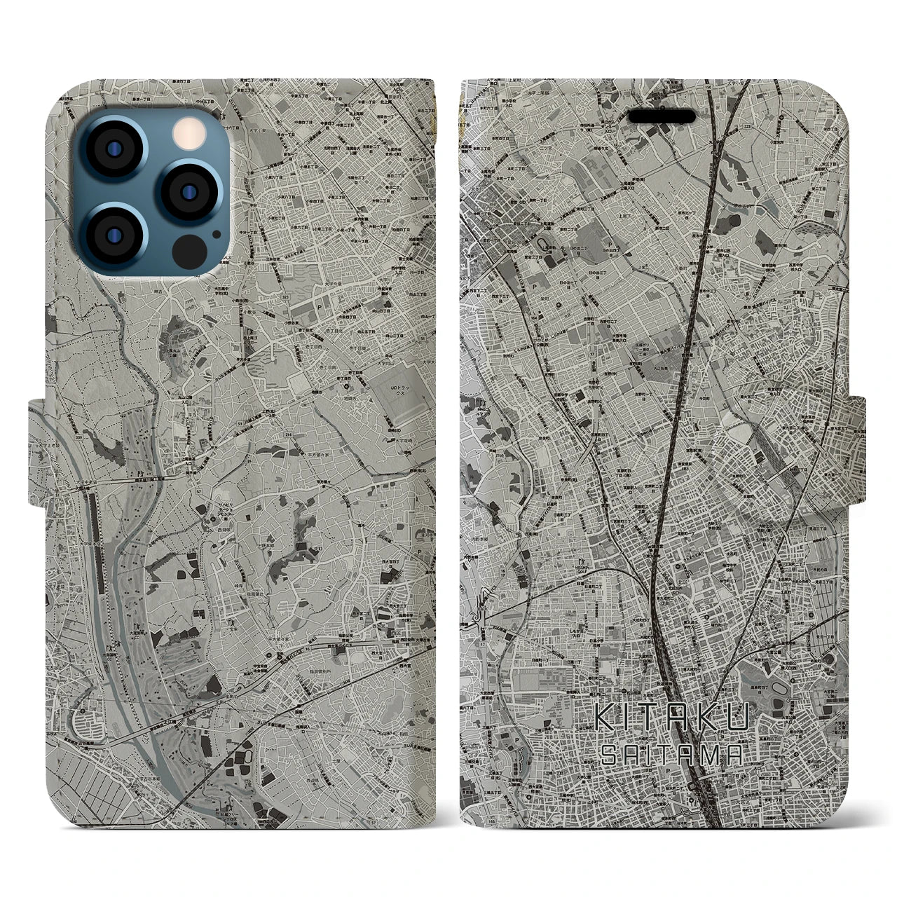 【北区(さいたま市)】地図柄iPhoneケース(手帳タイプ)モノトーン・iPhone 12 / 12 Pro 用