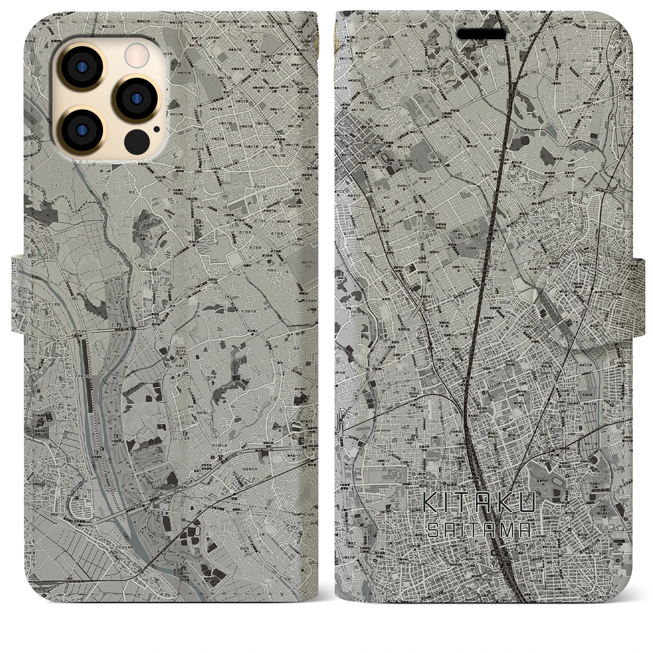 【北区(さいたま市)】地図柄iPhoneケース(手帳タイプ)モノトーン・iPhone 12 Pro Max 用