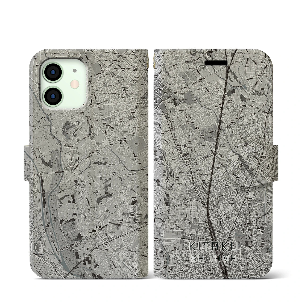 【北区(さいたま市)】地図柄iPhoneケース(手帳タイプ)モノトーン・iPhone 12 mini 用