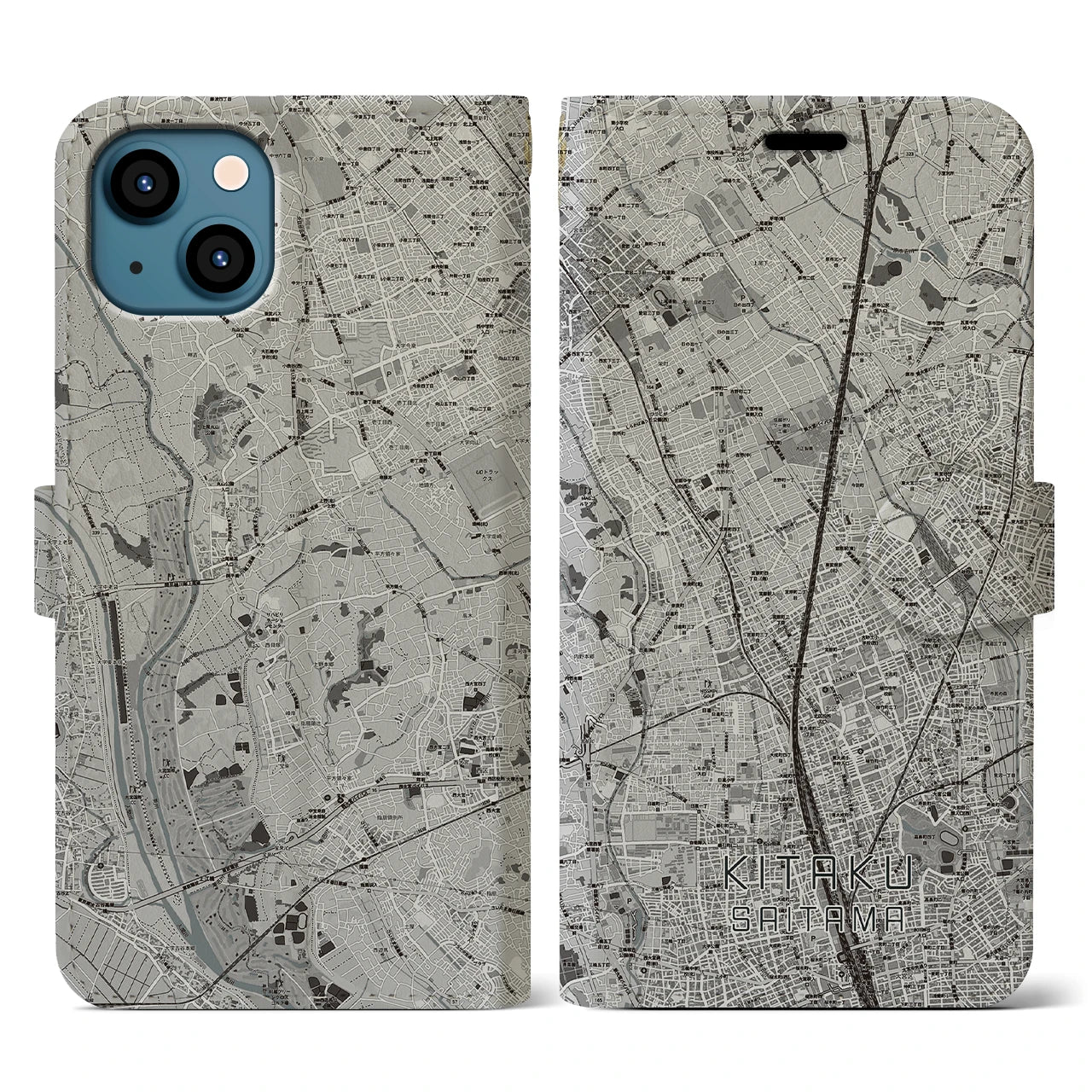 【北区(さいたま市)】地図柄iPhoneケース(手帳タイプ)モノトーン・iPhone 13 用