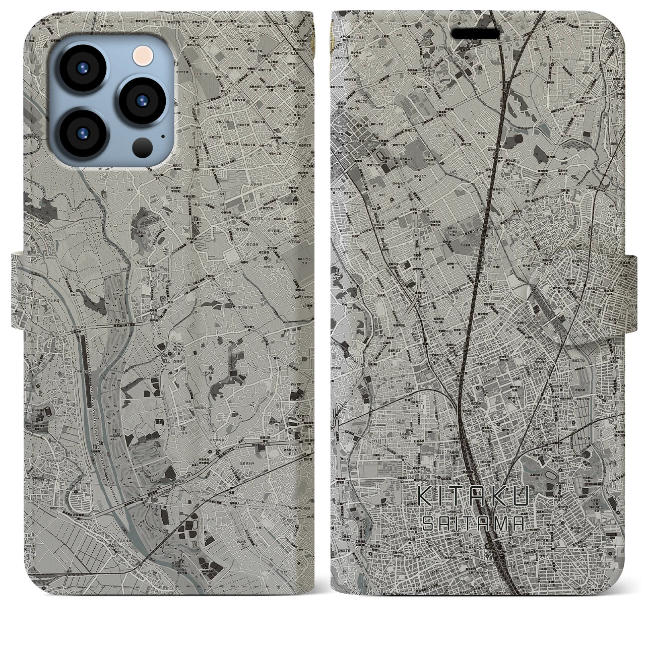 【北区(さいたま市)】地図柄iPhoneケース(手帳タイプ)モノトーン・iPhone 13 Pro Max 用