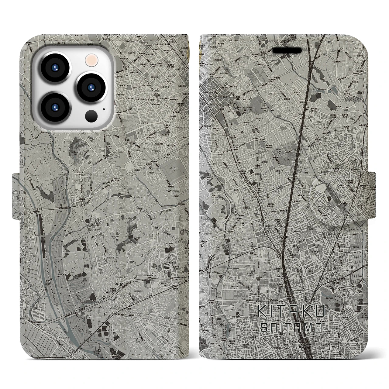 【北区(さいたま市)】地図柄iPhoneケース(手帳タイプ)モノトーン・iPhone 13 Pro 用