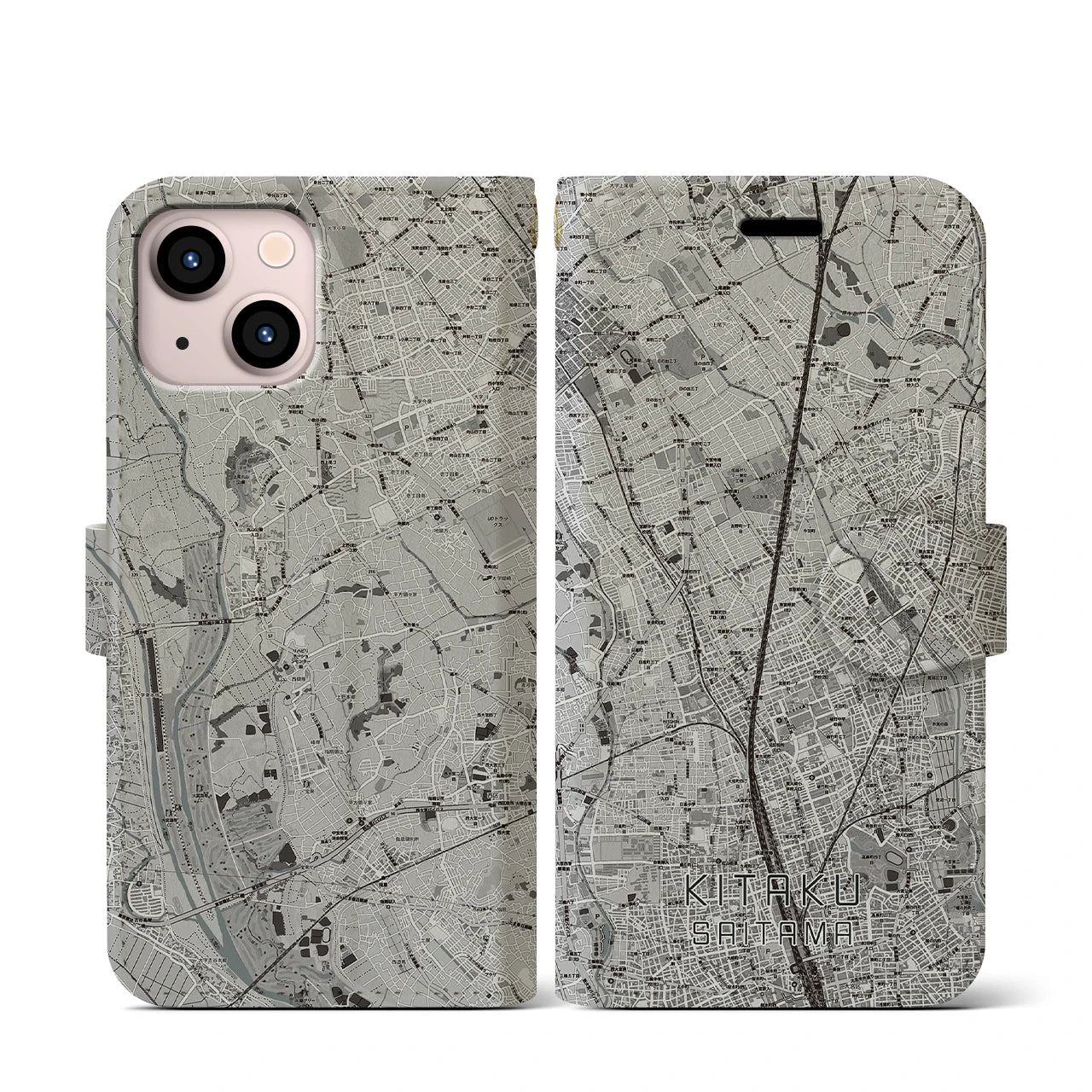 【北区(さいたま市)】地図柄iPhoneケース(手帳タイプ)モノトーン・iPhone 13 mini 用