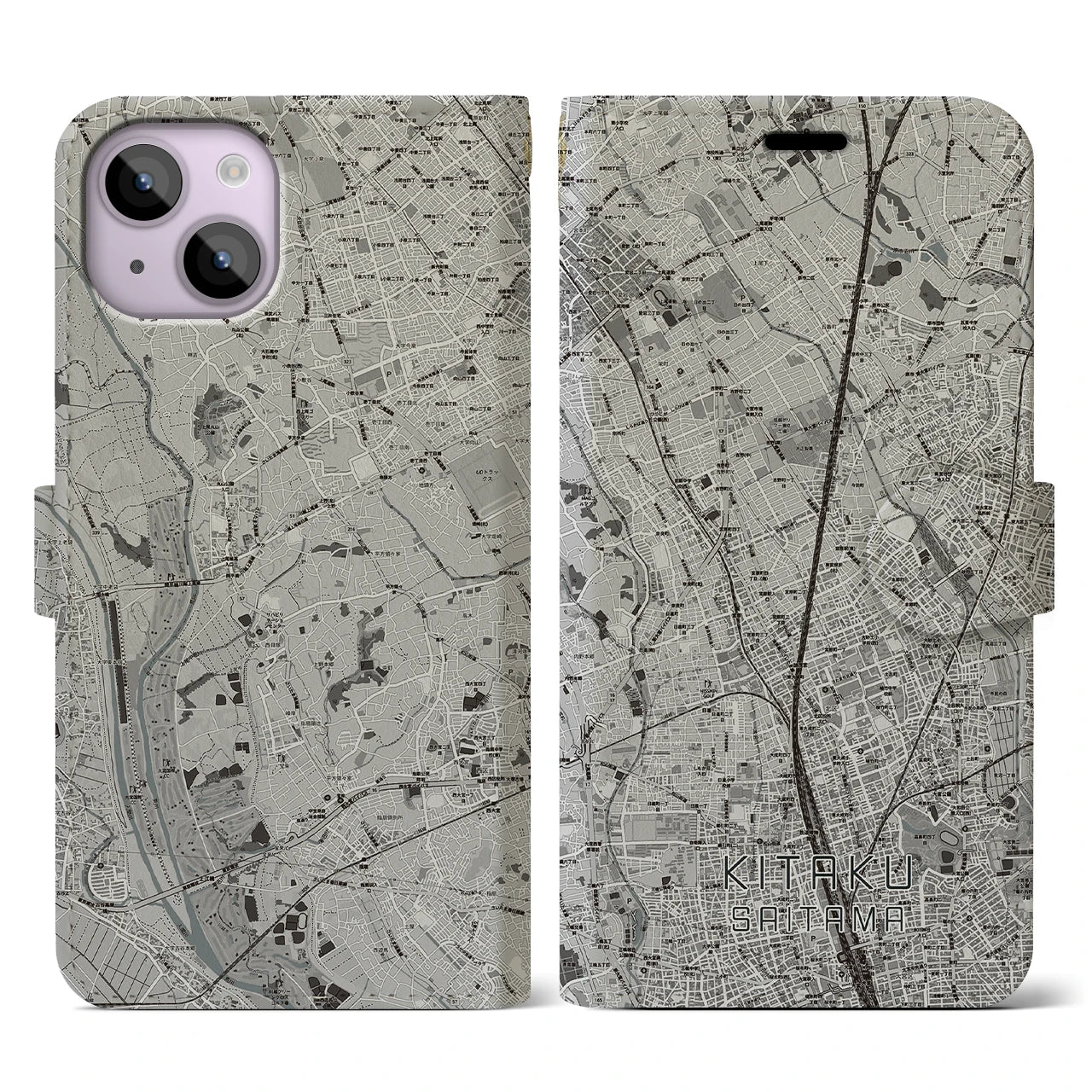 【北区(さいたま市)】地図柄iPhoneケース(手帳タイプ)モノトーン・iPhone 14 用
