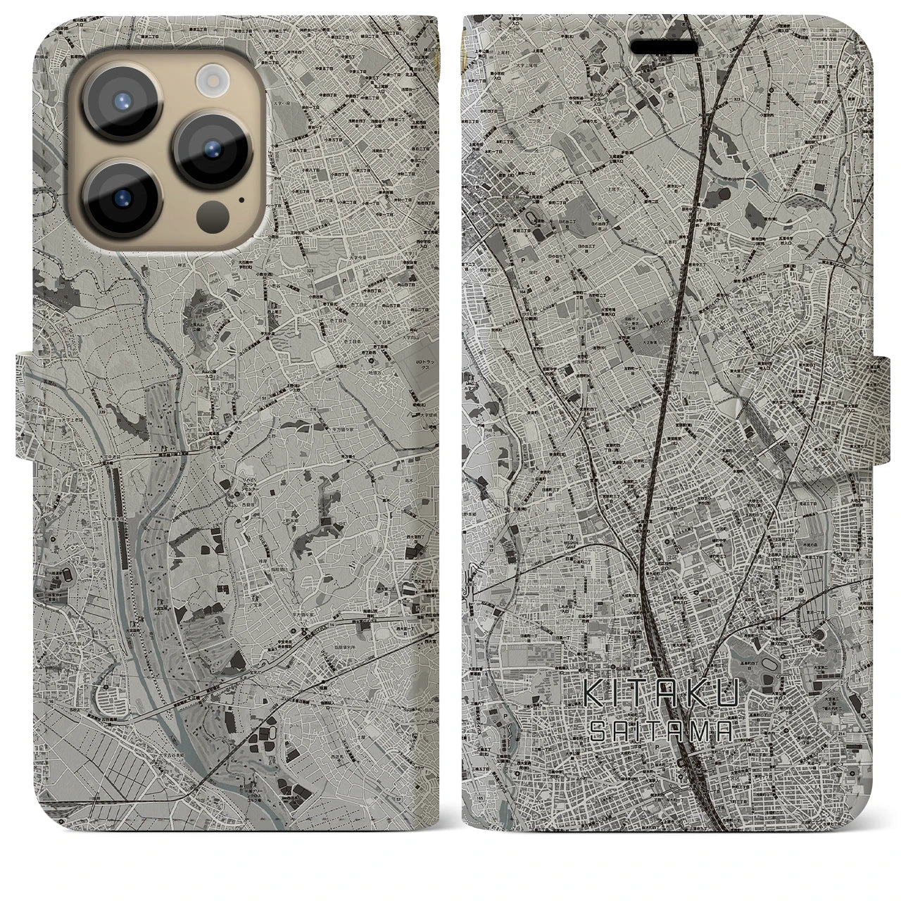 【北区(さいたま市)】地図柄iPhoneケース(手帳タイプ)モノトーン・iPhone 14 Pro Max 用