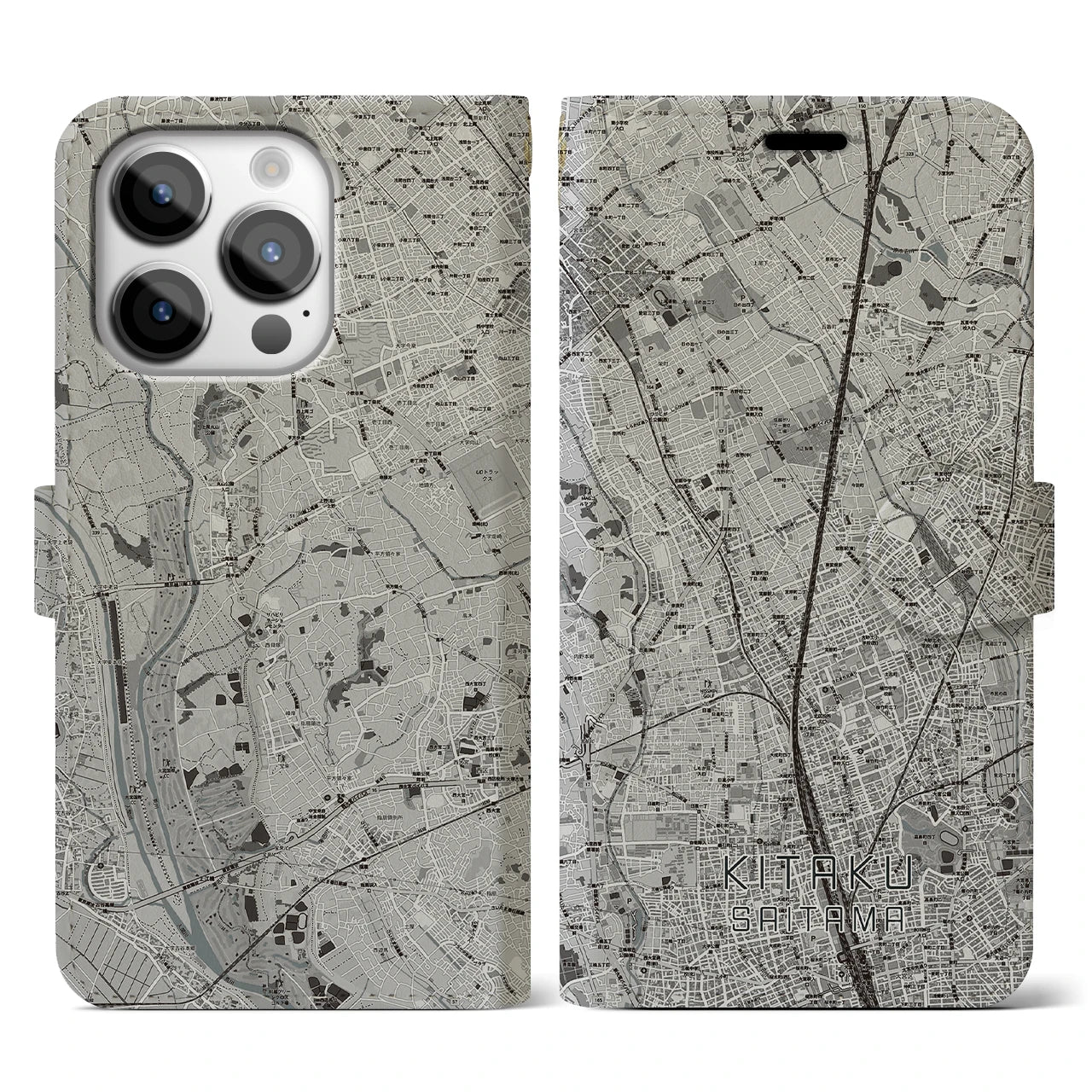 【北区(さいたま市)】地図柄iPhoneケース(手帳タイプ)モノトーン・iPhone 14 Pro 用
