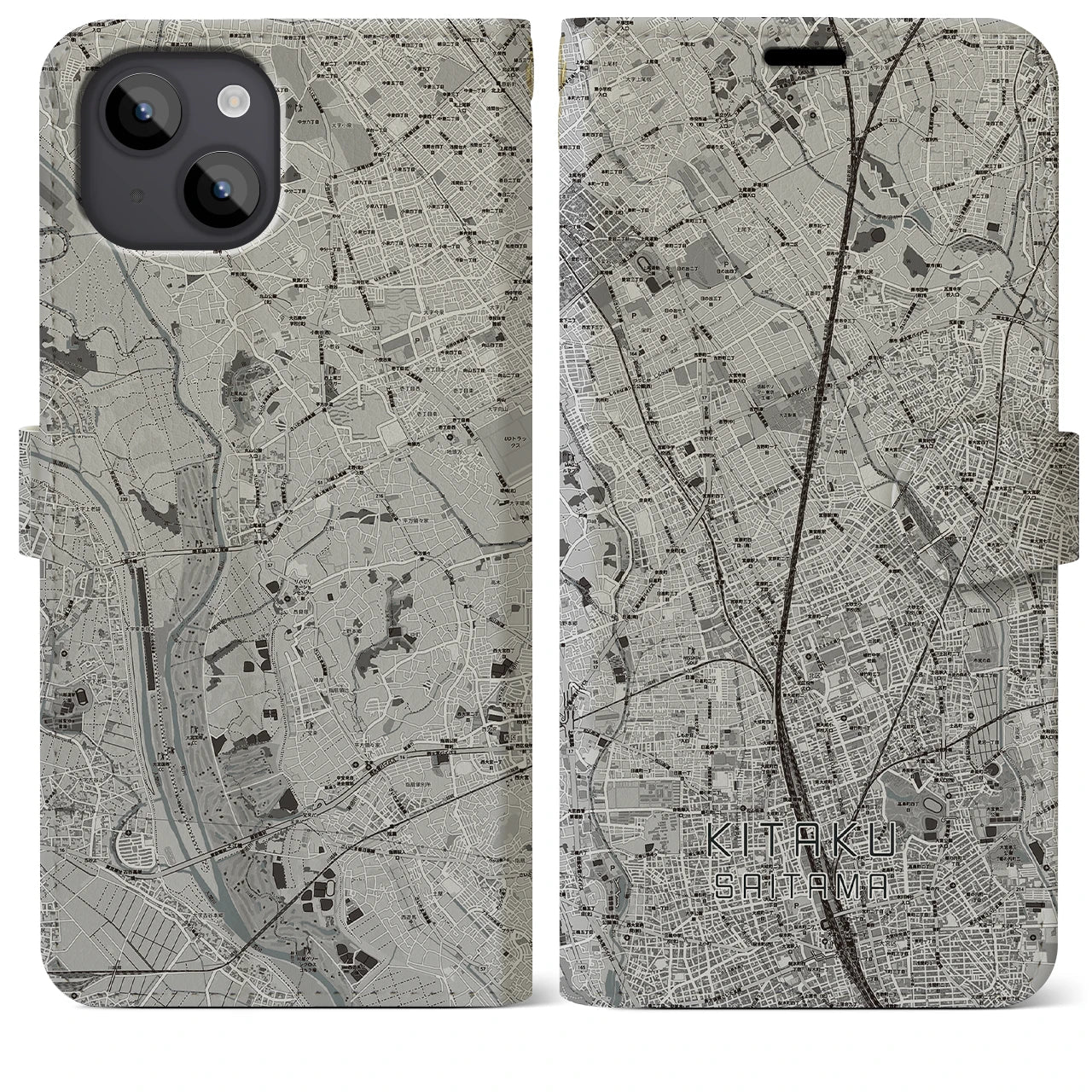 【北区(さいたま市)】地図柄iPhoneケース(手帳タイプ)モノトーン・iPhone 14 Plus 用