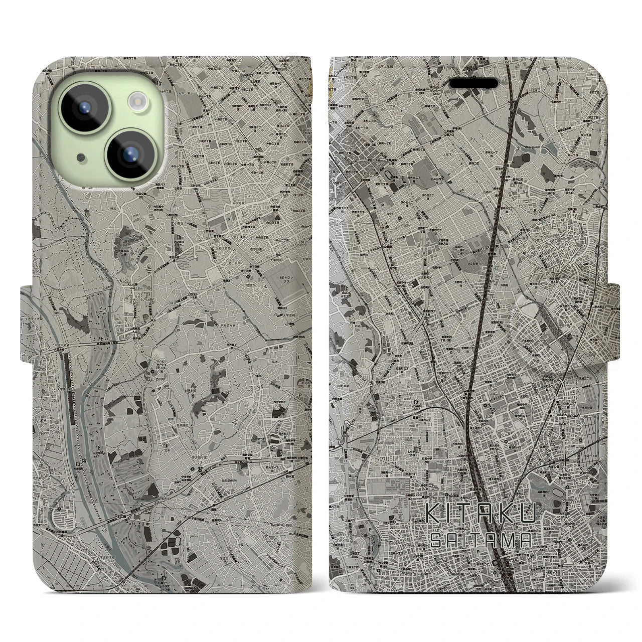 【北区(さいたま市)】地図柄iPhoneケース(手帳タイプ)モノトーン・iPhone 15 用