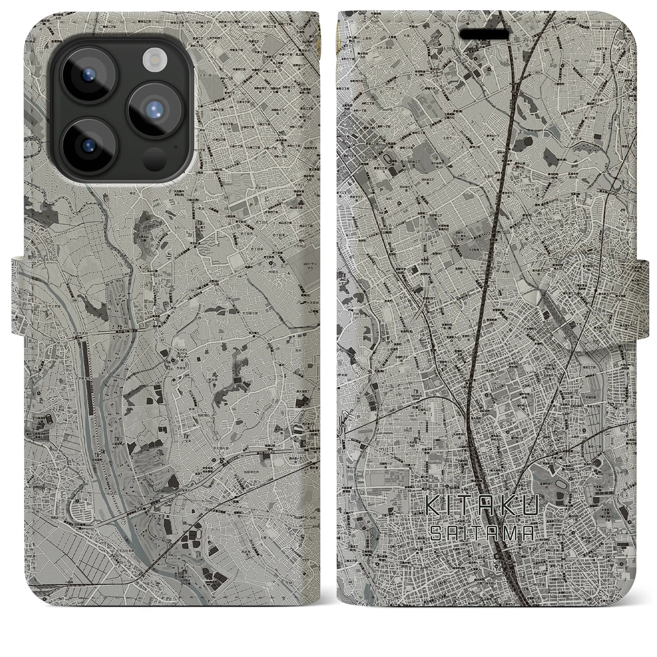 【北区(さいたま市)】地図柄iPhoneケース(手帳タイプ)モノトーン・iPhone 15 Pro Max 用