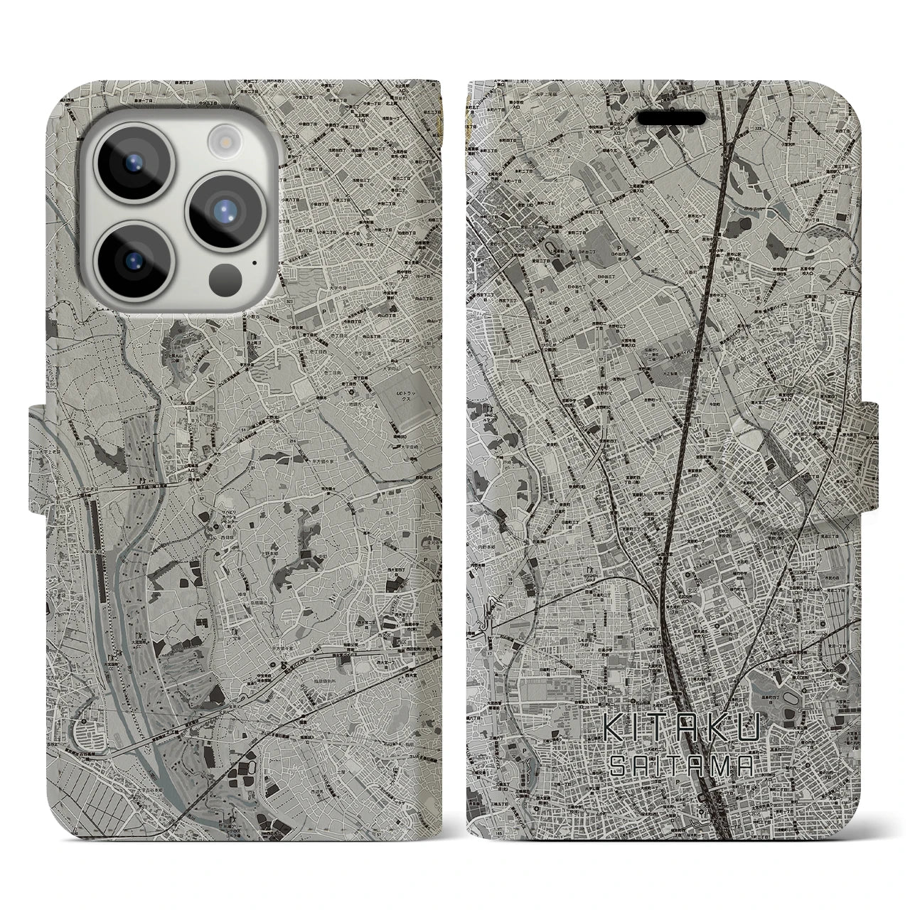 【北区(さいたま市)】地図柄iPhoneケース(手帳タイプ)モノトーン・iPhone 15 Pro 用