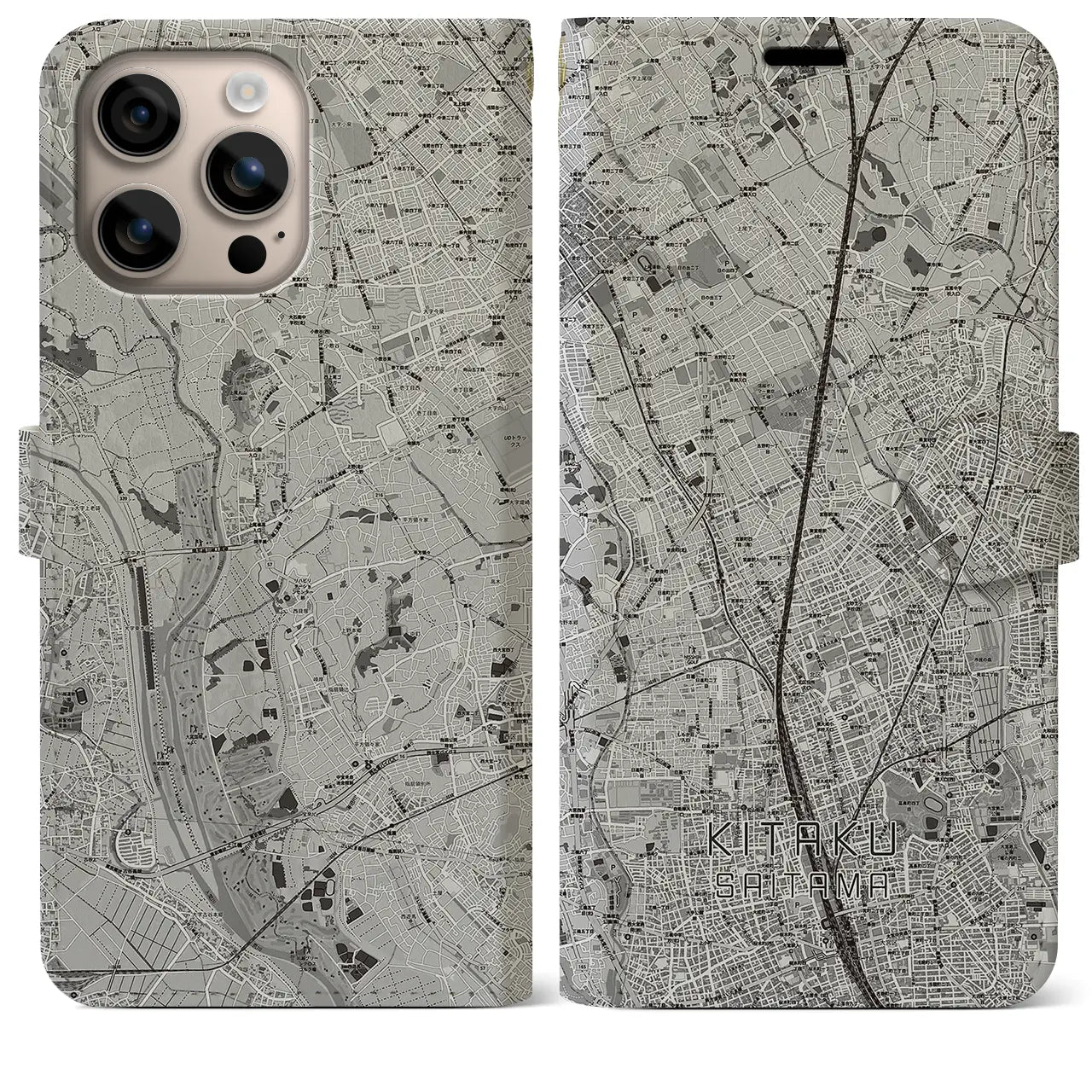 【北区(さいたま市)】地図柄iPhoneケース(手帳タイプ)モノトーン・iPhone 16 Plus 用
