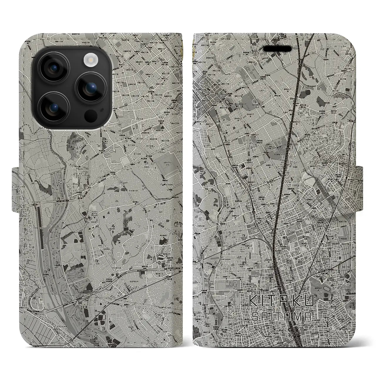 【北区(さいたま市)】地図柄iPhoneケース(手帳タイプ)モノトーン・iPhone 16 用