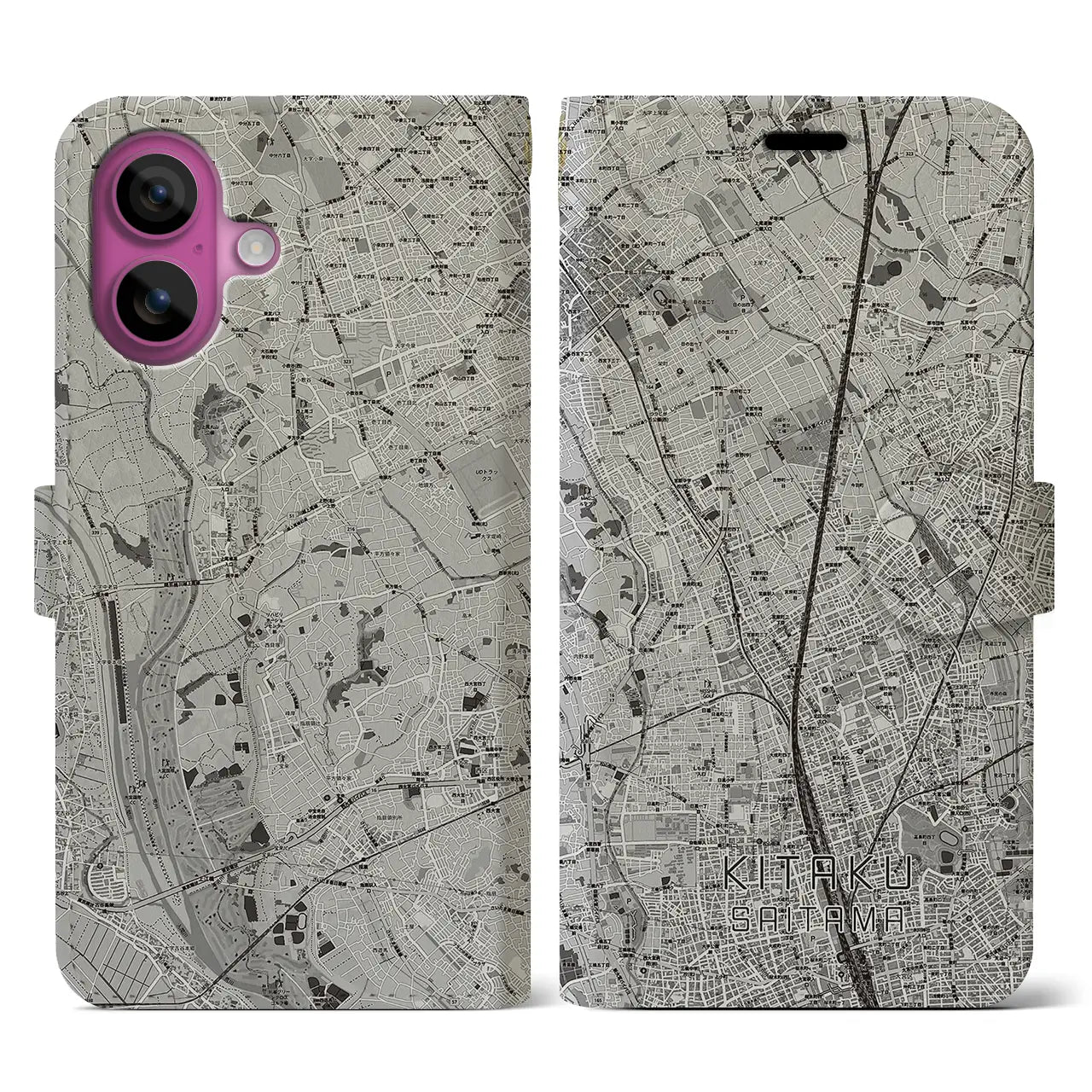 【北区(さいたま市)】地図柄iPhoneケース(手帳タイプ)モノトーン・iPhone 16 Pro 用