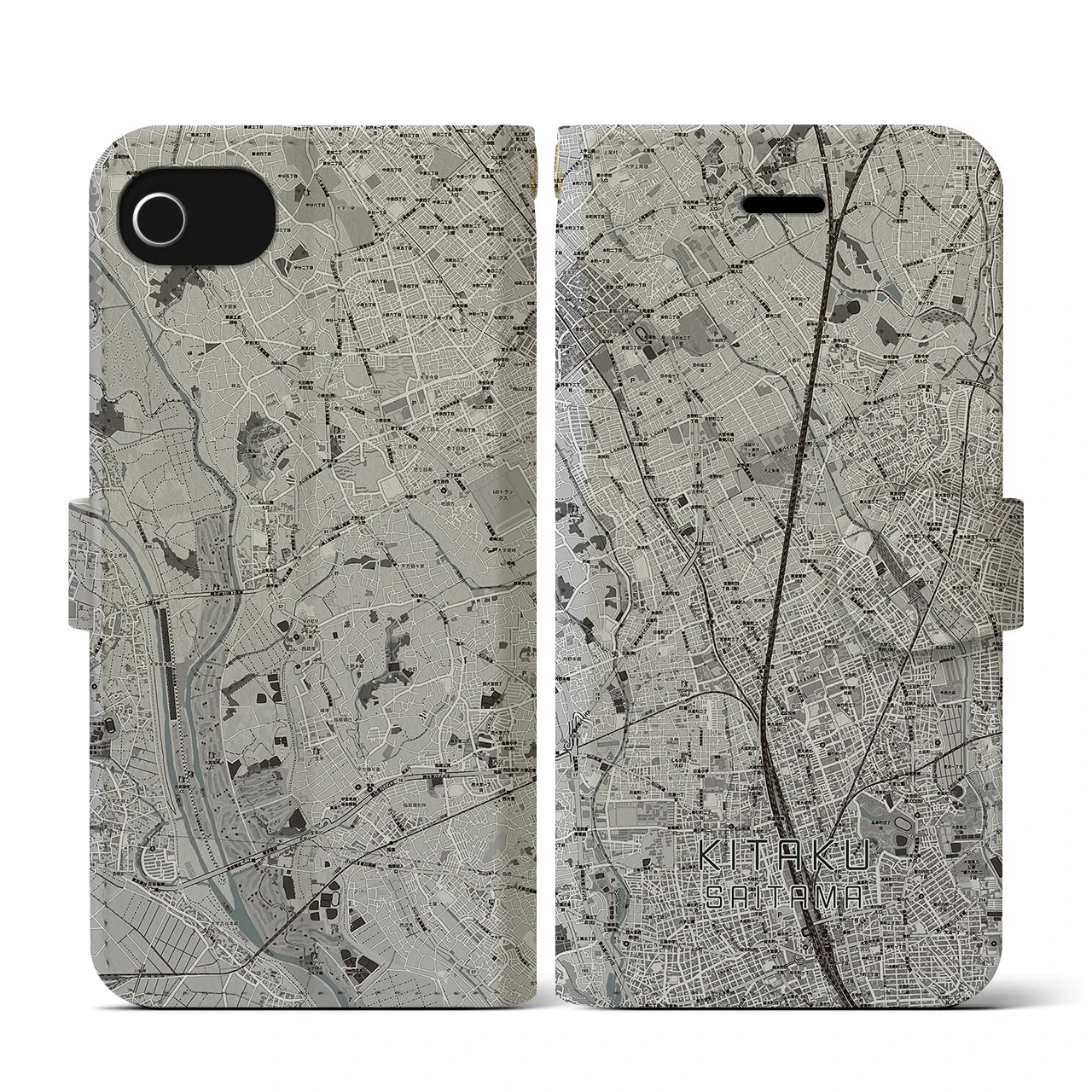 【北区(さいたま市)】地図柄iPhoneケース(手帳タイプ)モノトーン・iPhone SE(第3 / 第2世代) / 8 / 7 / 6s / 6 用