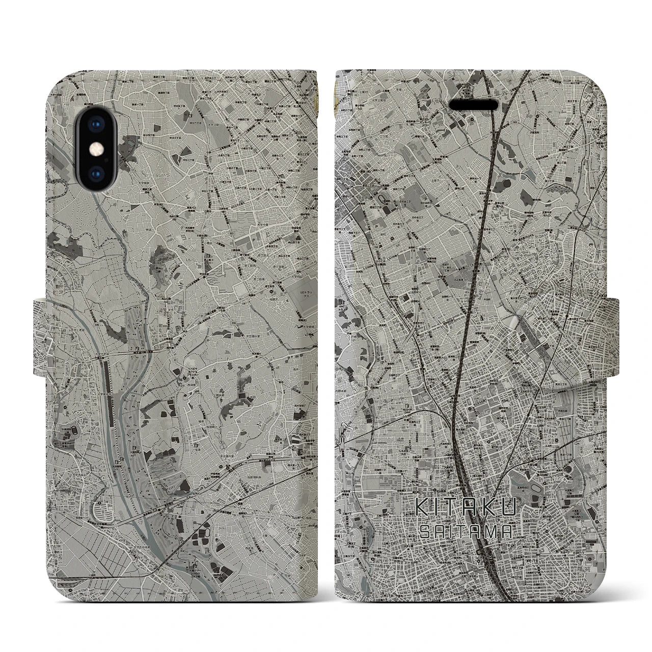 【北区(さいたま市)】地図柄iPhoneケース(手帳タイプ)モノトーン・iPhone XS / X 用