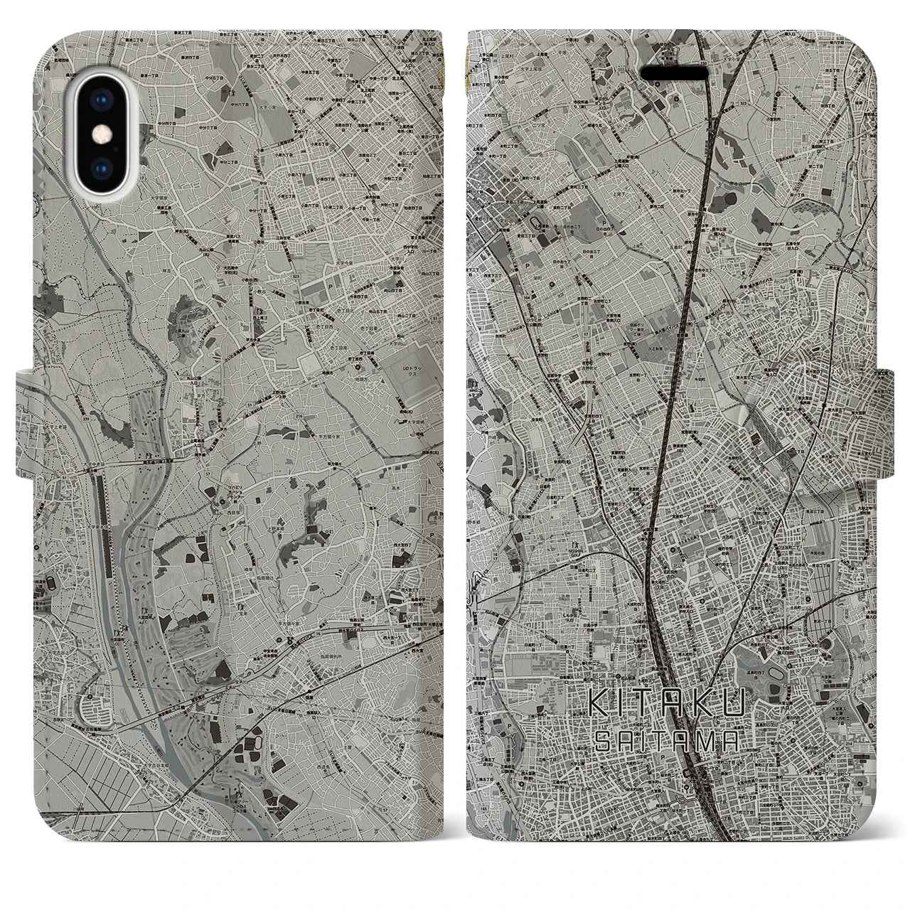 【北区(さいたま市)】地図柄iPhoneケース(手帳タイプ)モノトーン・iPhone XS Max 用