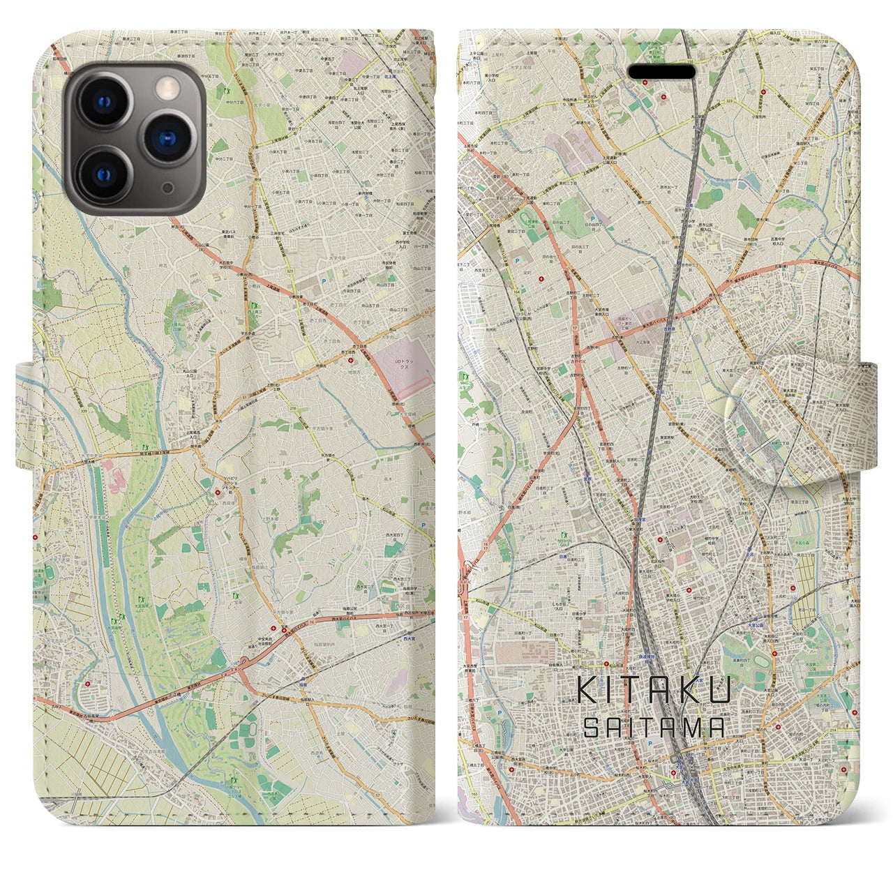 【北区(さいたま市)】地図柄iPhoneケース(手帳タイプ)ナチュラル・iPhone 11 Pro Max 用