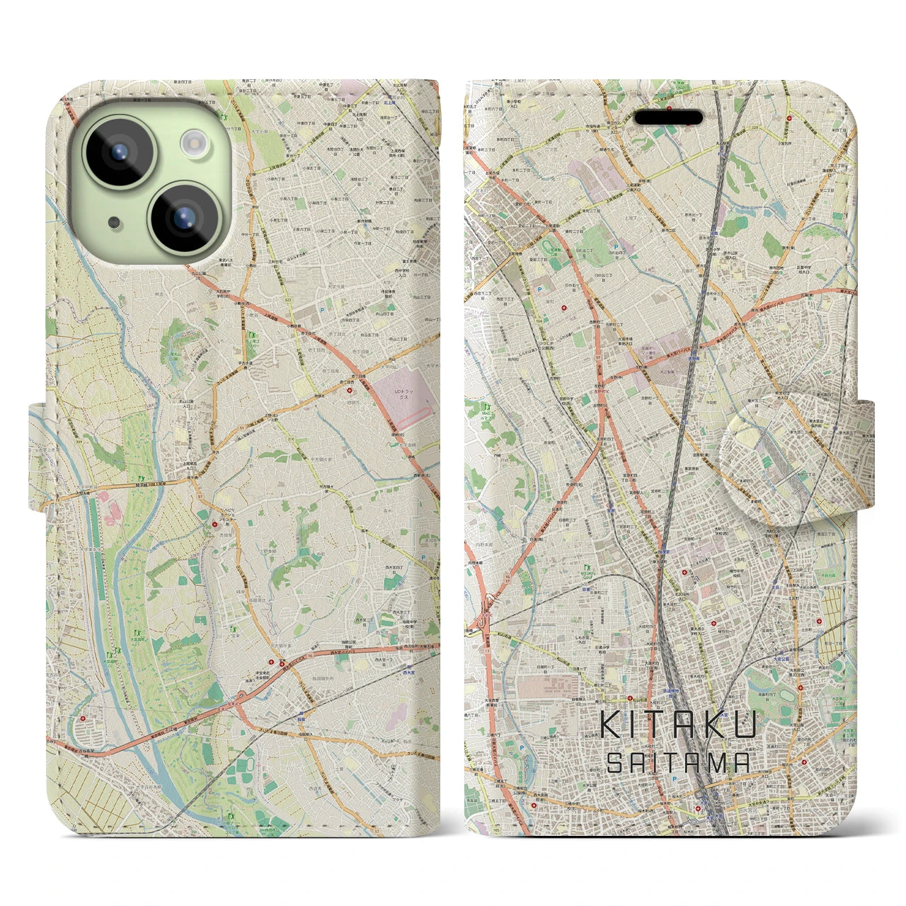 【北区(さいたま市)】地図柄iPhoneケース(手帳タイプ)ナチュラル・iPhone 15 用