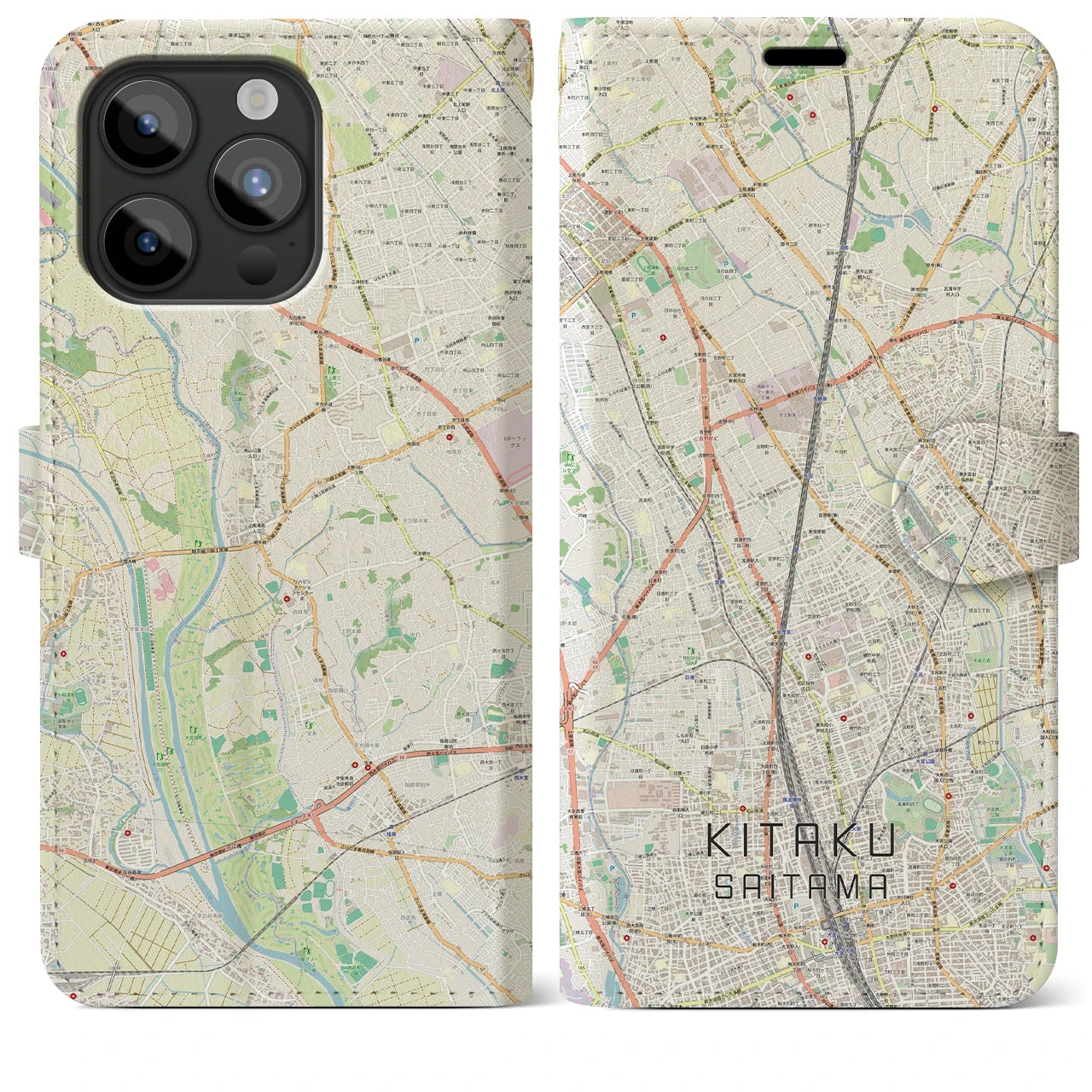 【北区(さいたま市)】地図柄iPhoneケース(手帳タイプ)ナチュラル・iPhone 15 Pro Max 用