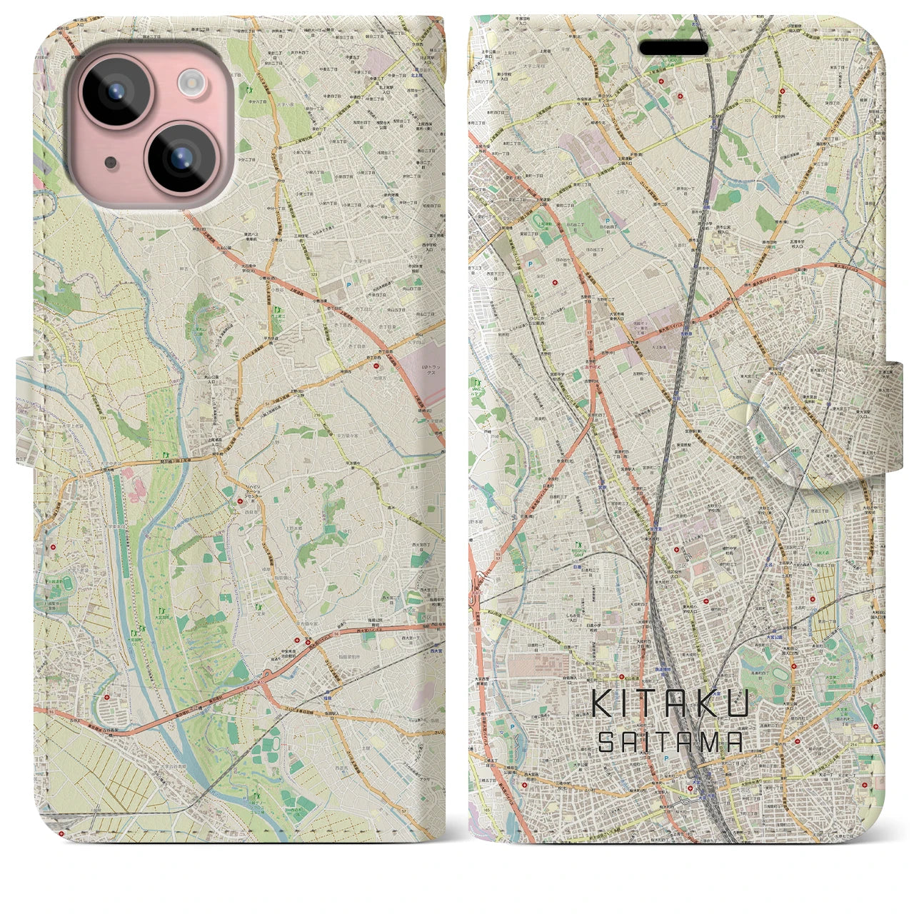 【北区(さいたま市)】地図柄iPhoneケース(手帳タイプ)ナチュラル・iPhone 15 Plus 用