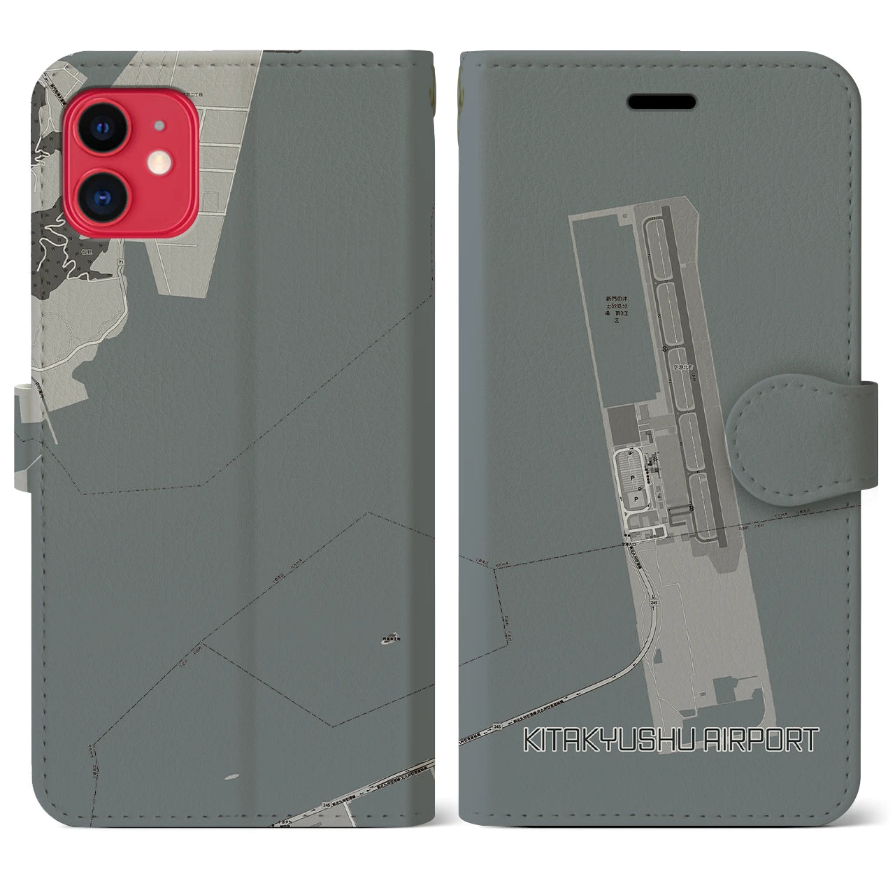 【北九州空港(福岡県)】地図柄iPhoneケース(手帳タイプ)モノトーン・iPhone 11 用